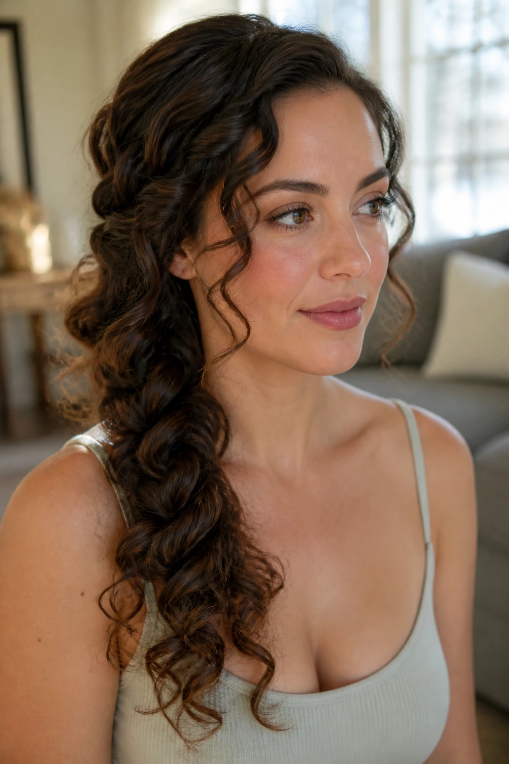 Real woman's head with a loose side braid and cascading curls
