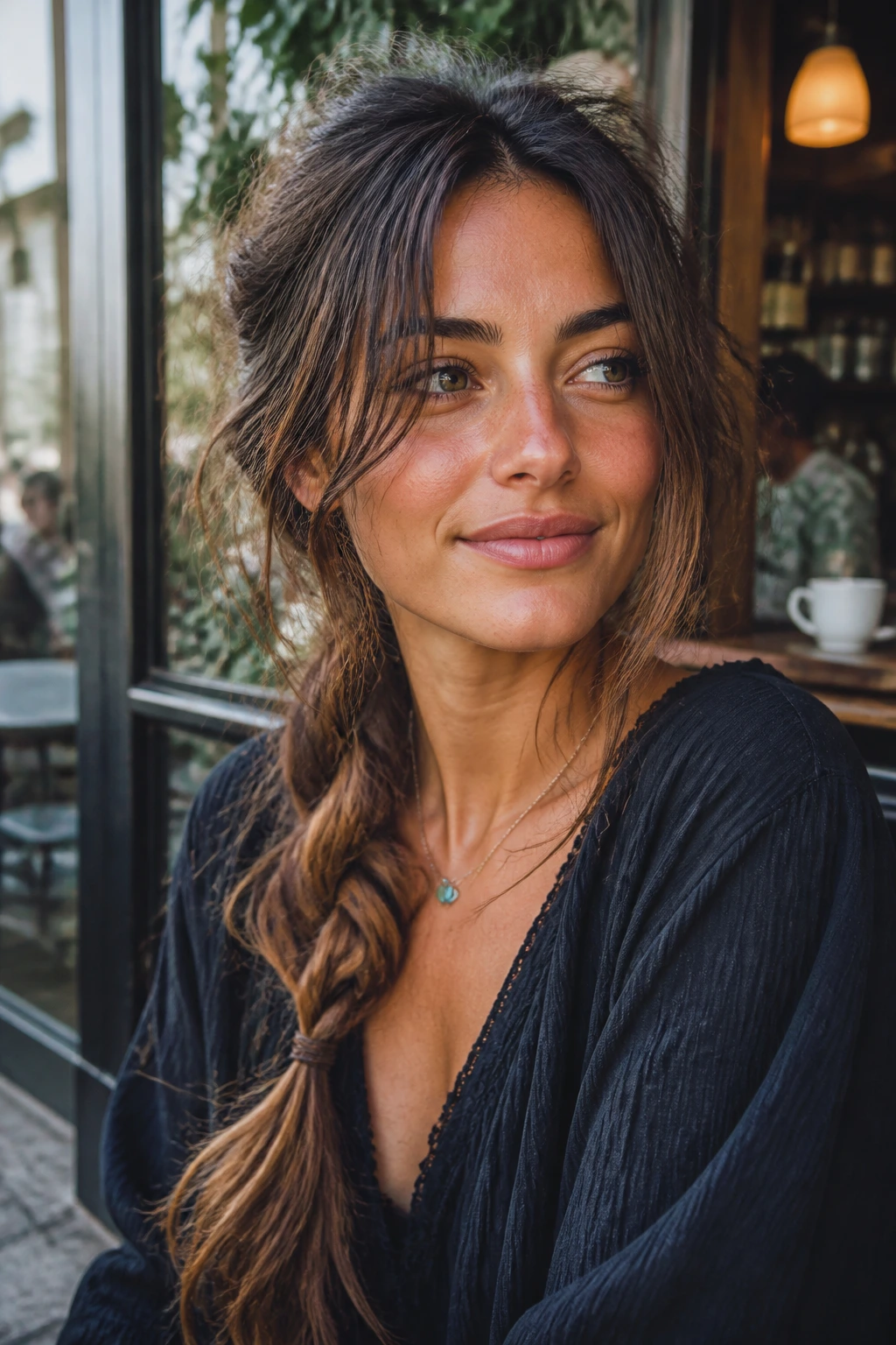 Three-quarter view of a real woman with a loose side braid and face-framing strands