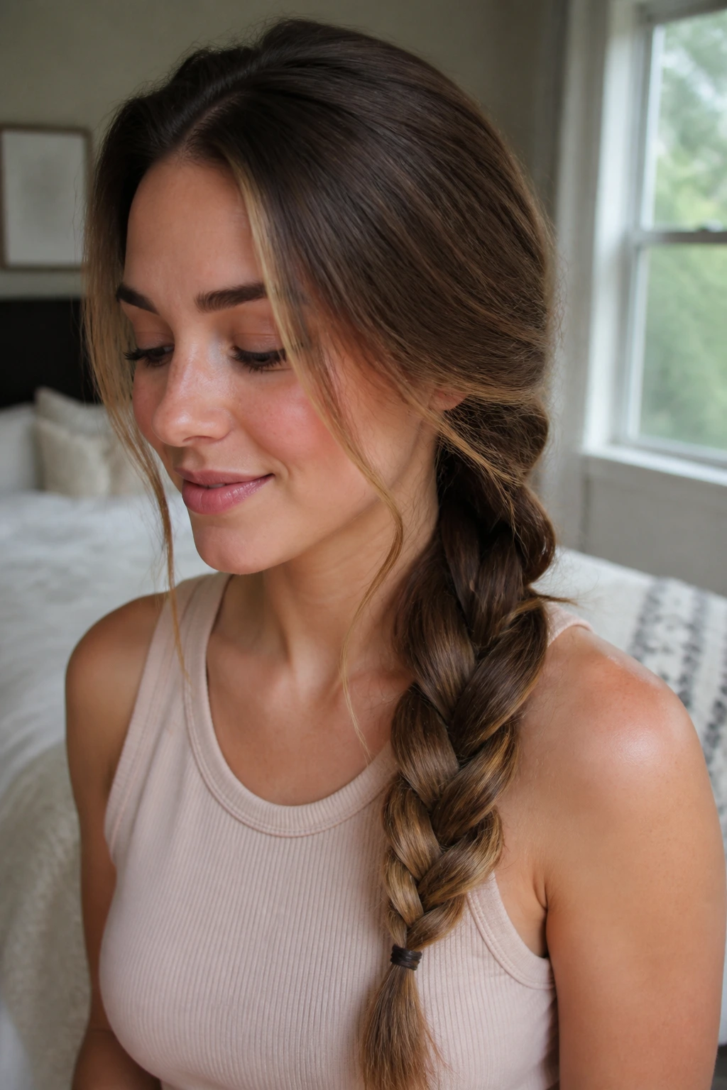 Real woman with a loose side braid draped over her shoulder.
