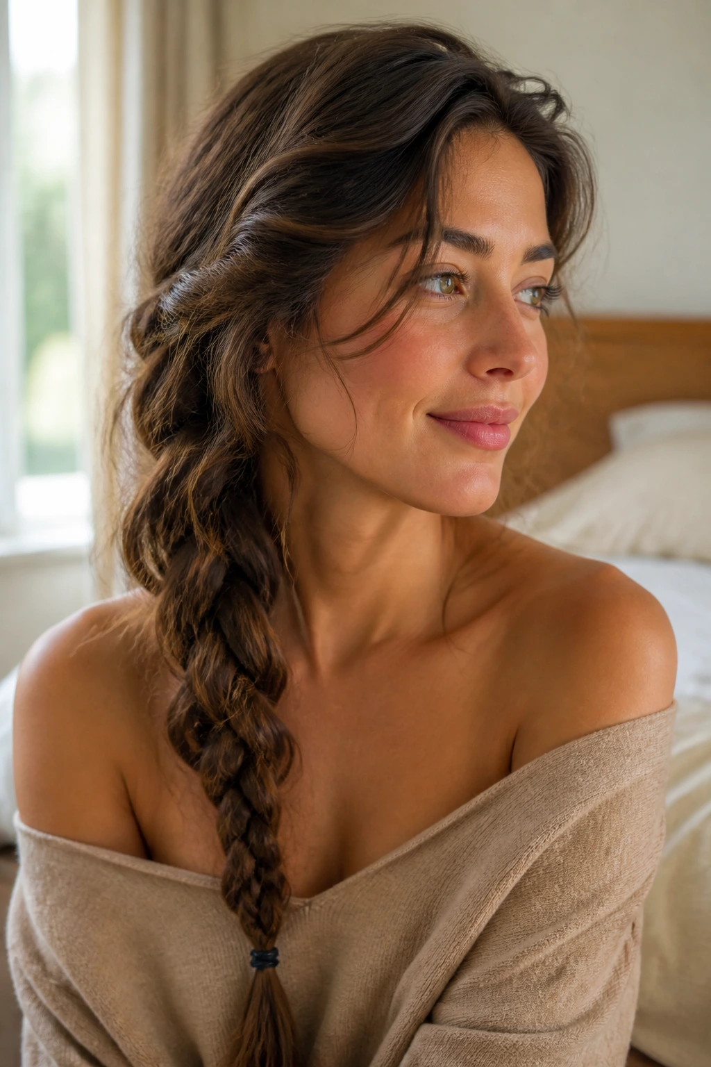 Close-up of a real woman with a loose side braid over her shoulder in warm morning light.