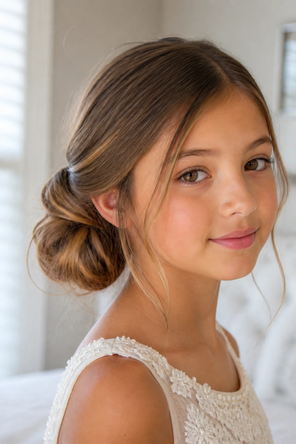 Close-up of a real girl with a loose side bun and face-framing tendrils.
