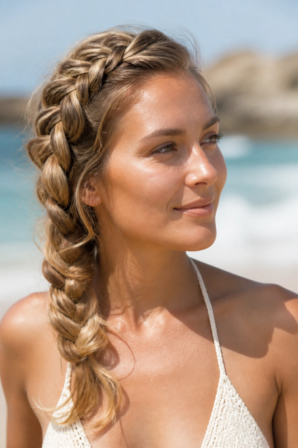 Close-up of a real woman with a loose side Dutch braid at the beach