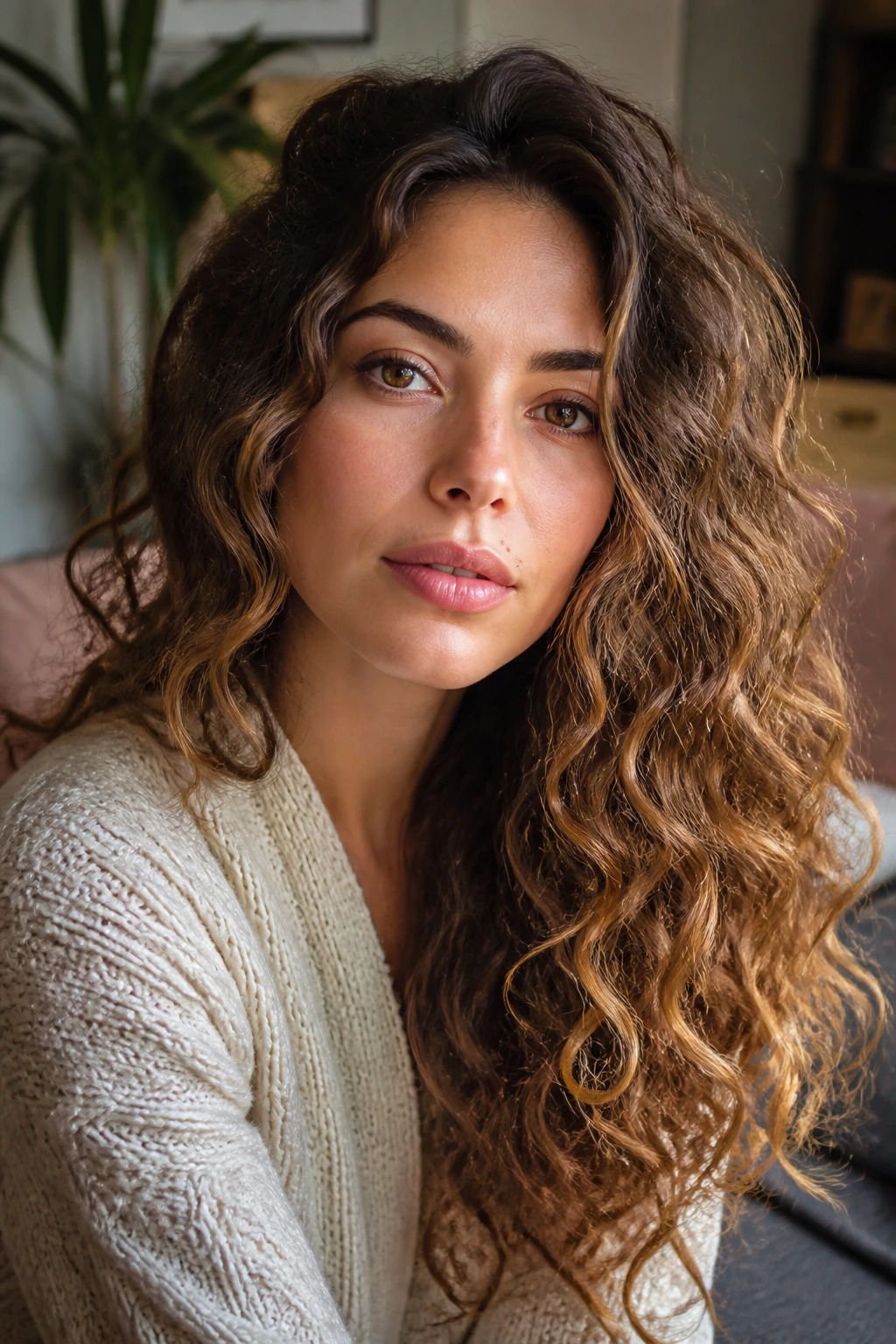 Close-up portrait of a real woman with brushed-out loose spiral waves