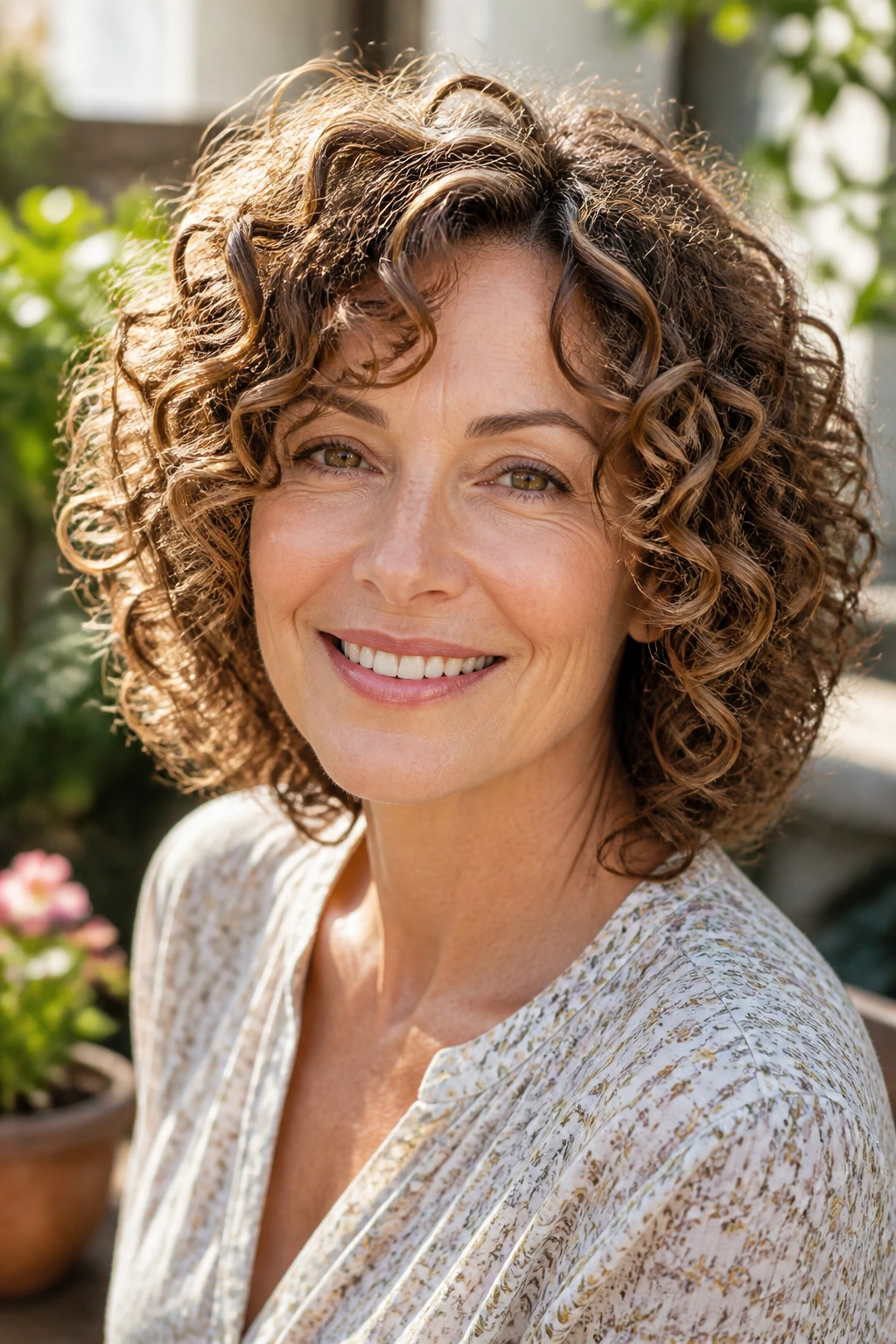 Close-up of a woman with loose spiral curls and defined layers.