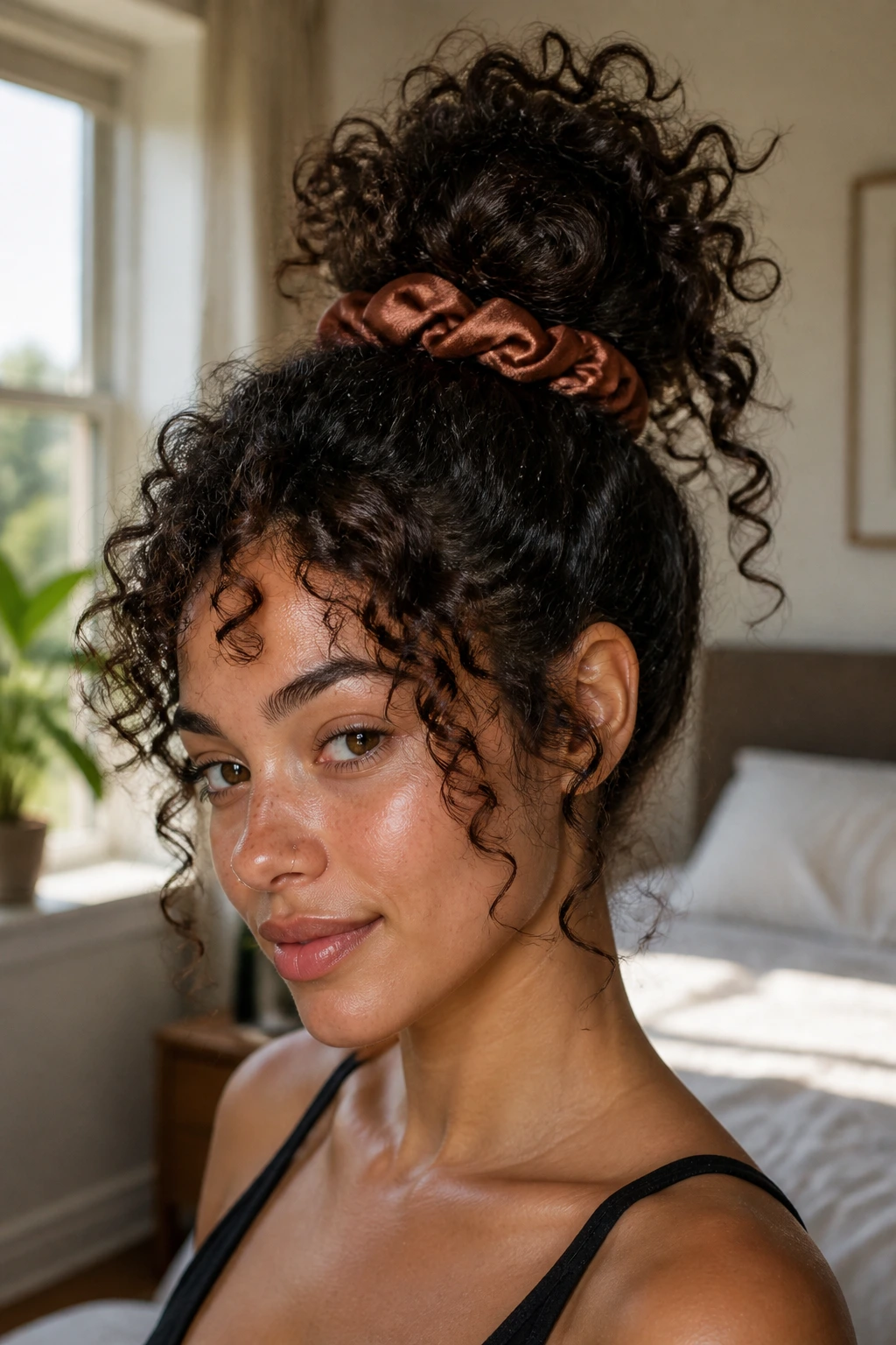 Portrait of a real woman with 3a curls in a loose top knot with springy ends and a satin scrunchie.