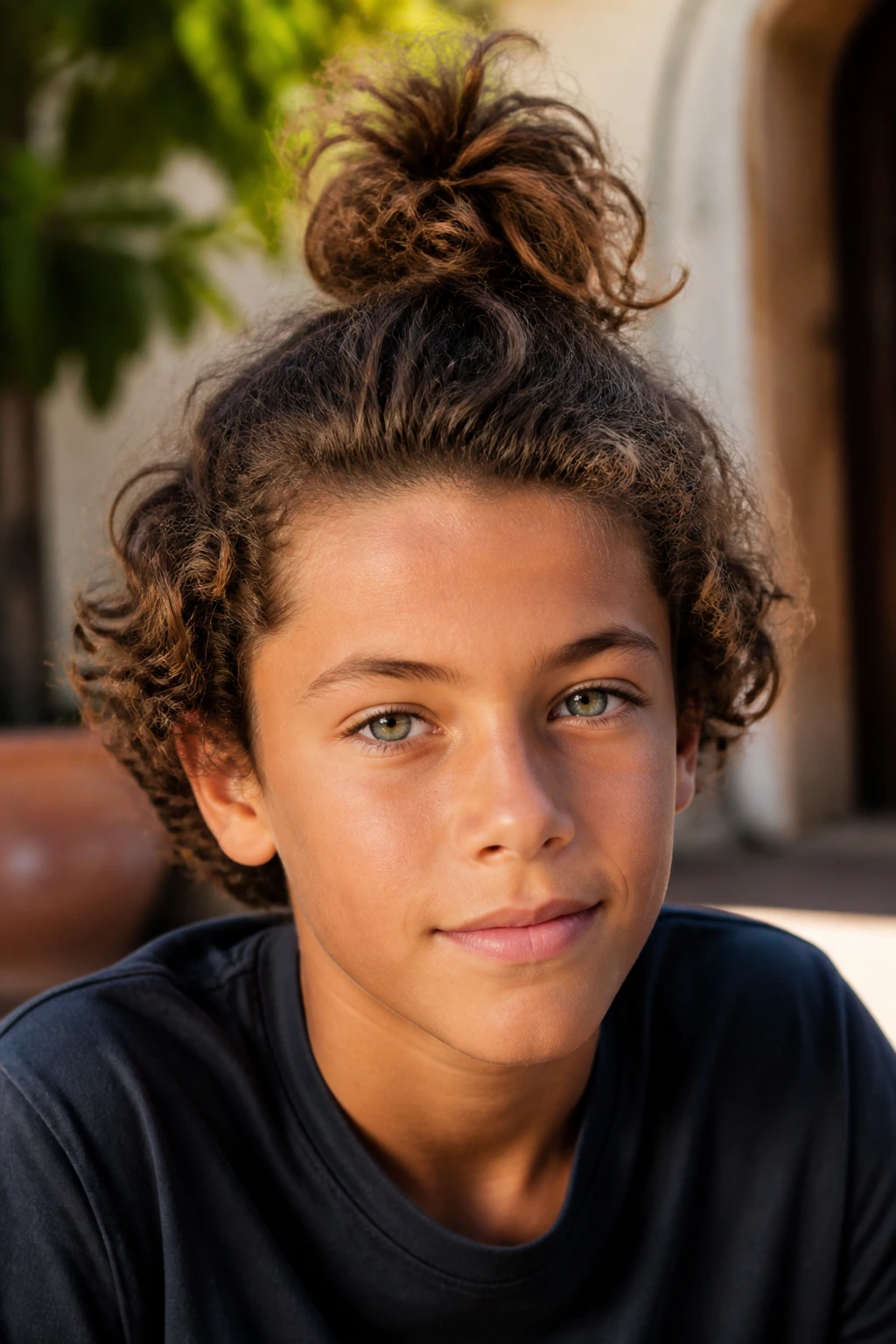Boy with a loose top knot showing free ends and curl texture