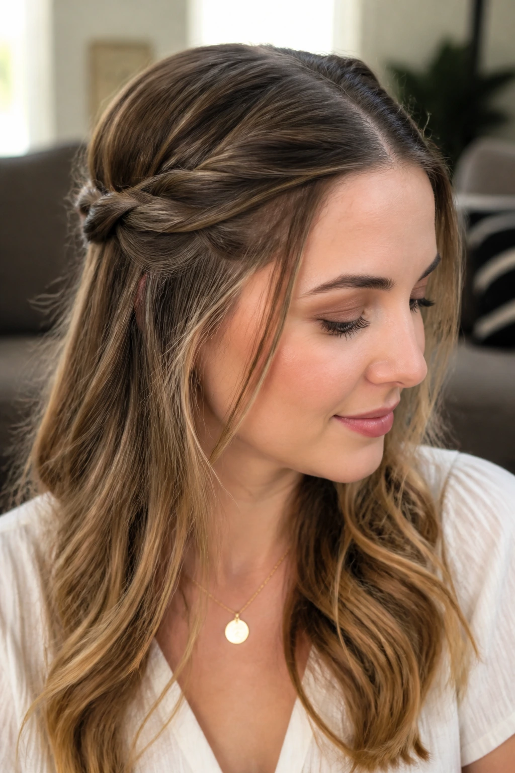 Close-up of a woman with a loose twist half-up hairstyle