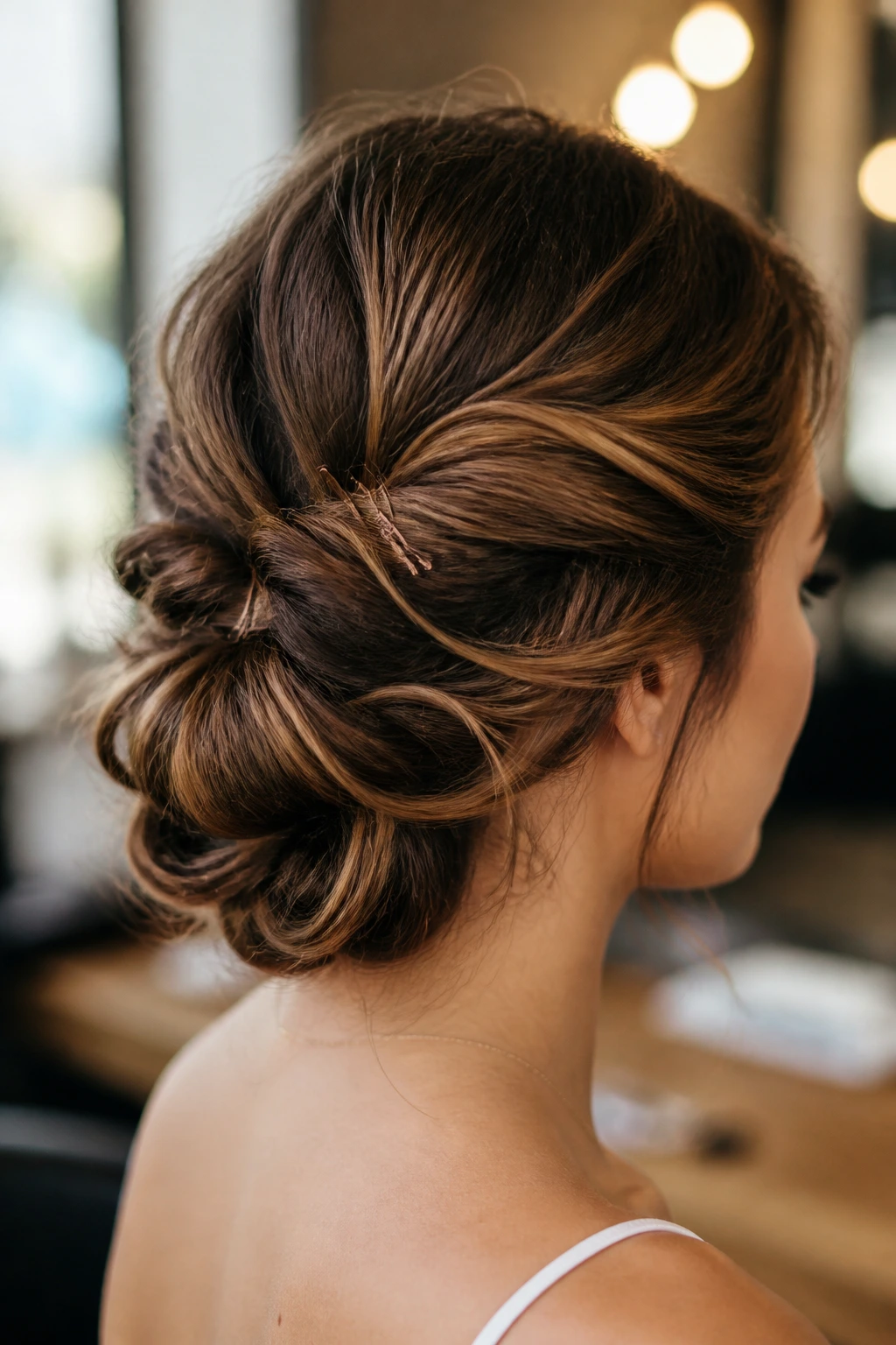 Close-up of a real woman with a loose formal updo pinned at the back