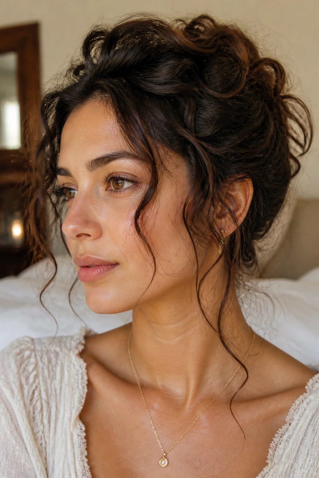 Close-up of a real woman with a loose updo and tendrils in warm bedroom light