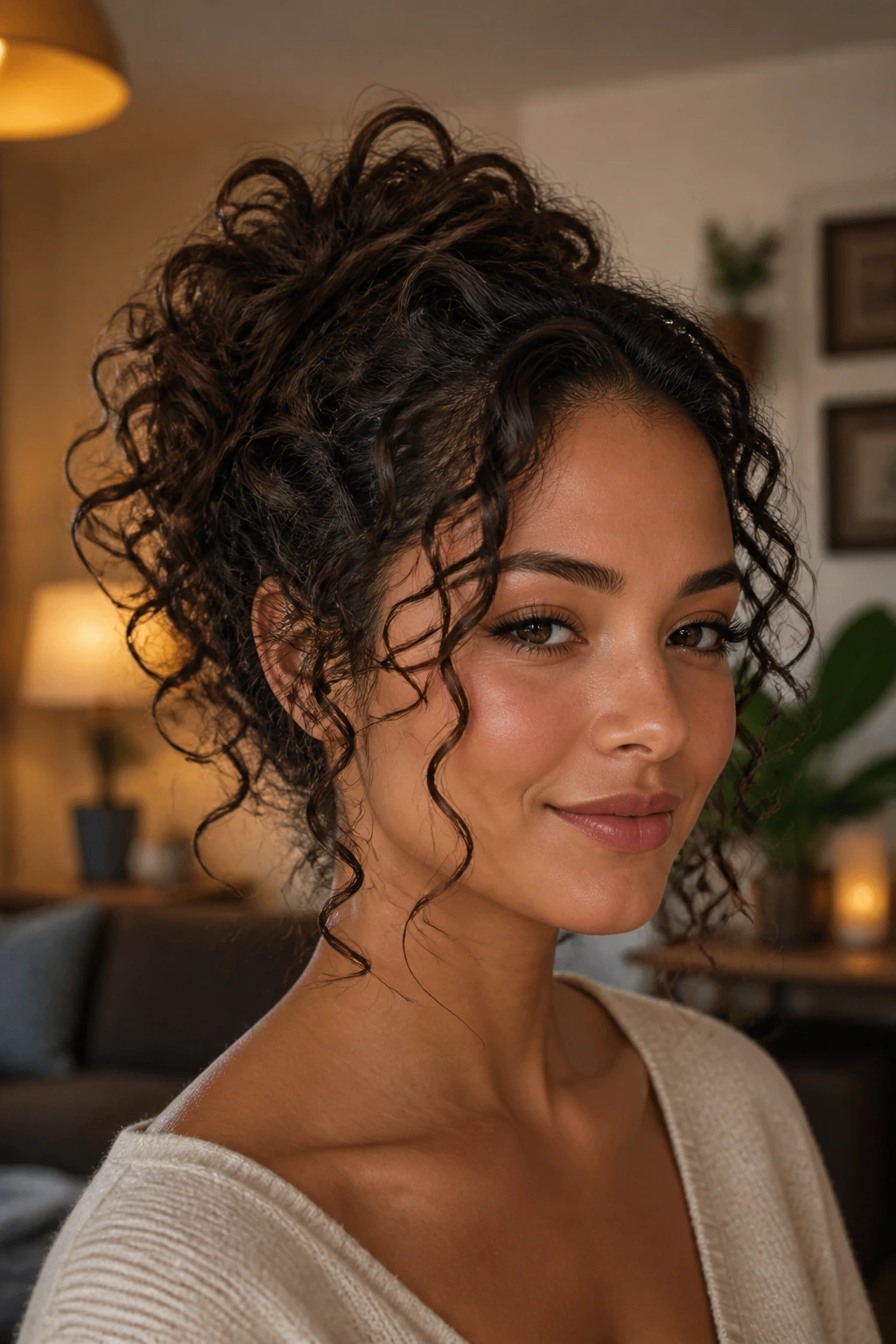 Portrait of a real person with a loose updo and curling tendrils at temples and nape.