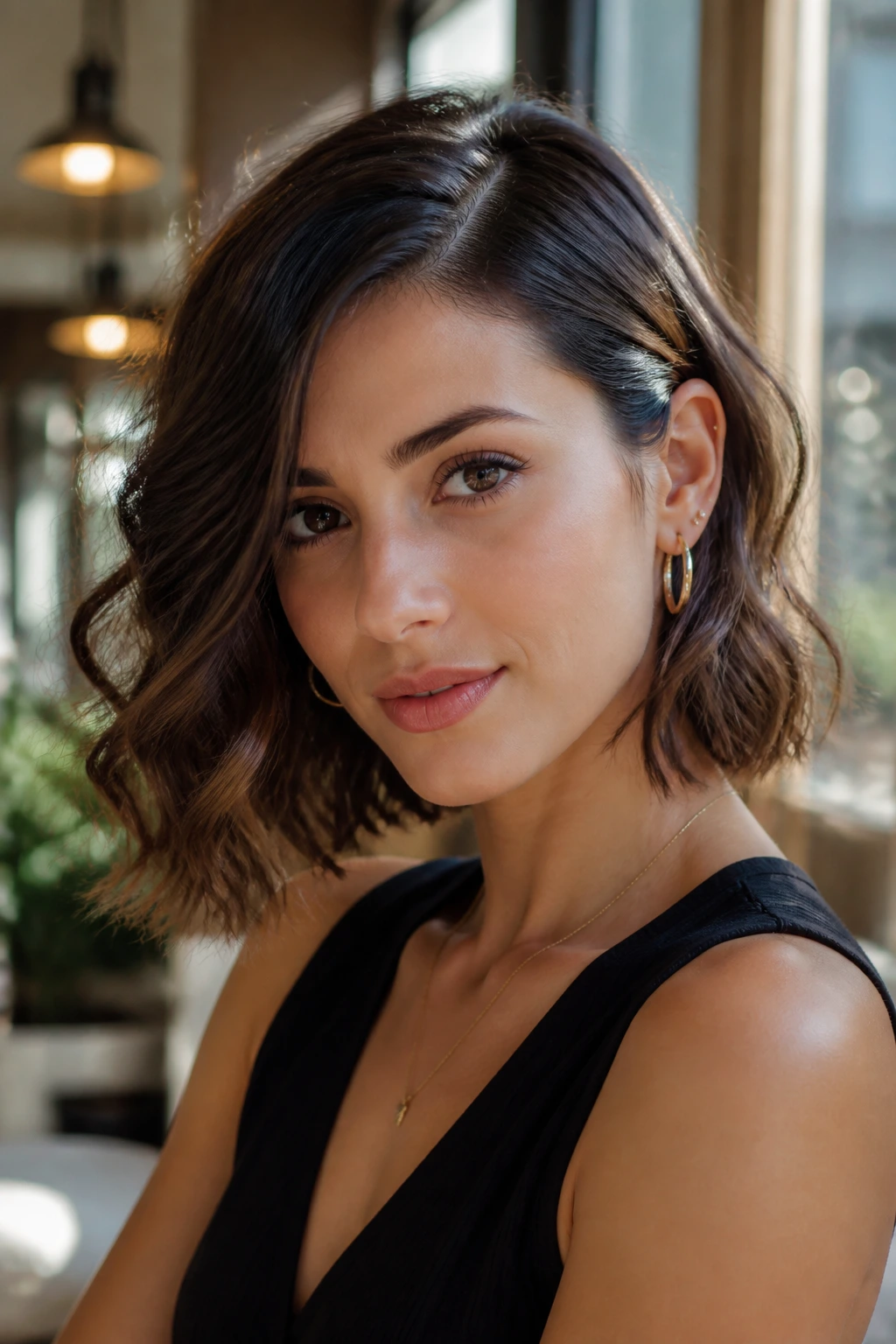 Close-up of Loose Wave Bob with Ear Tuck on a real woman