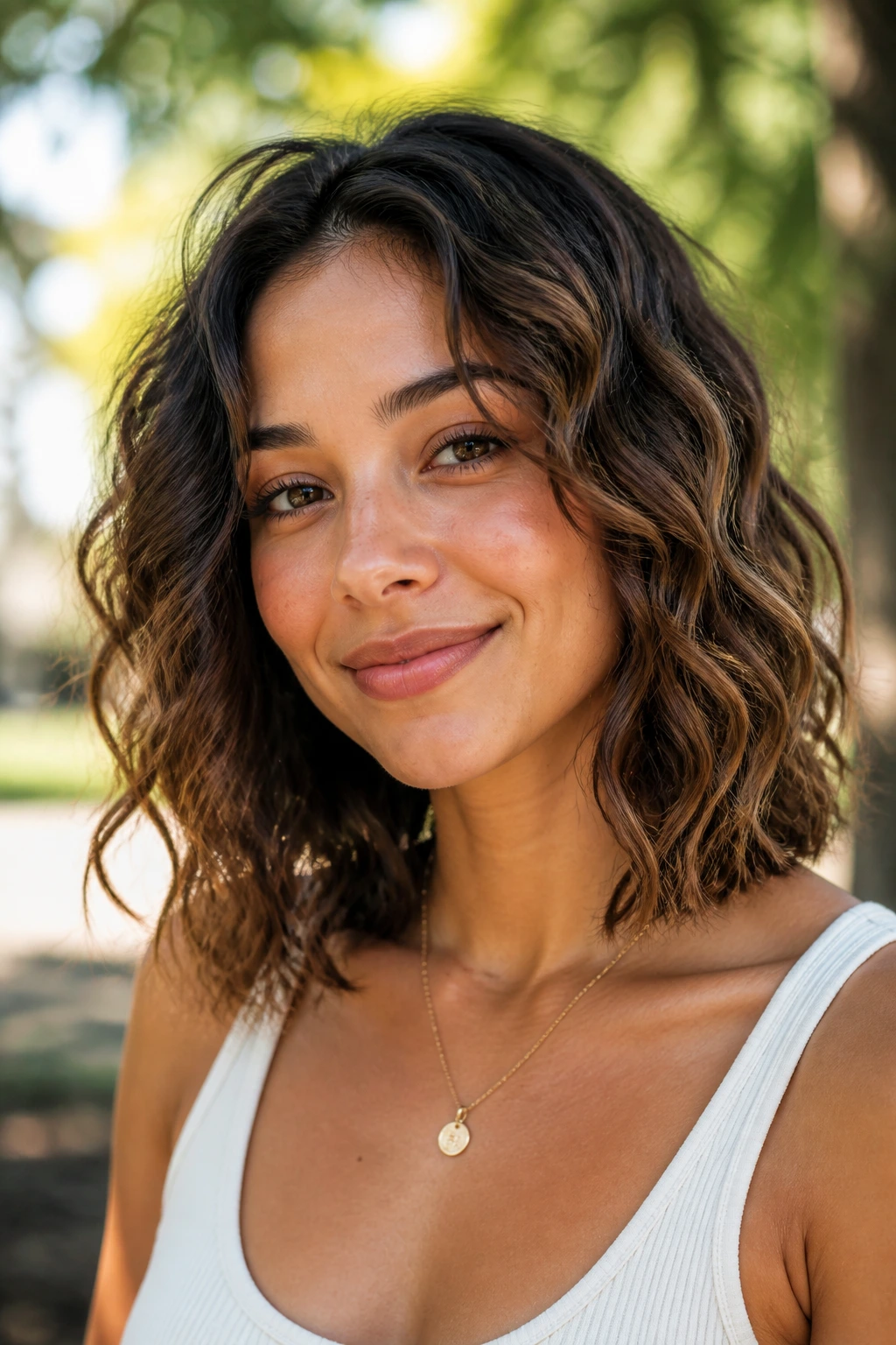 Portrait of real woman with loose-wave curly lob in an outdoor park.