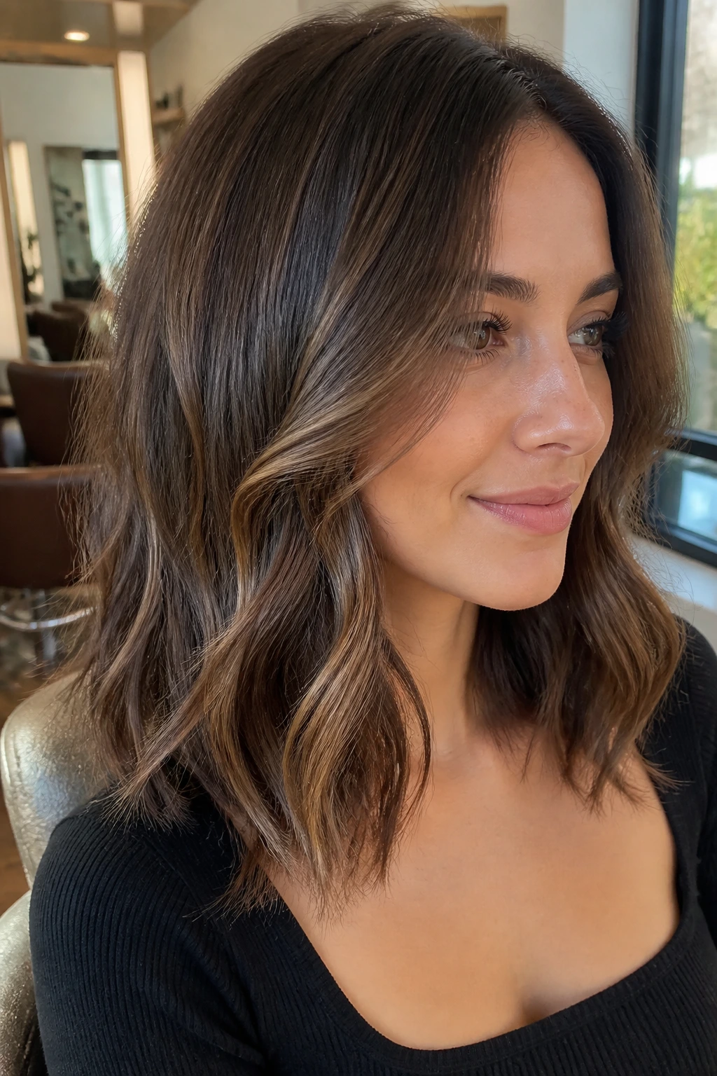 Close-up portrait of a real woman with a loose wave lob and hidden layers, bathed in natural window light.