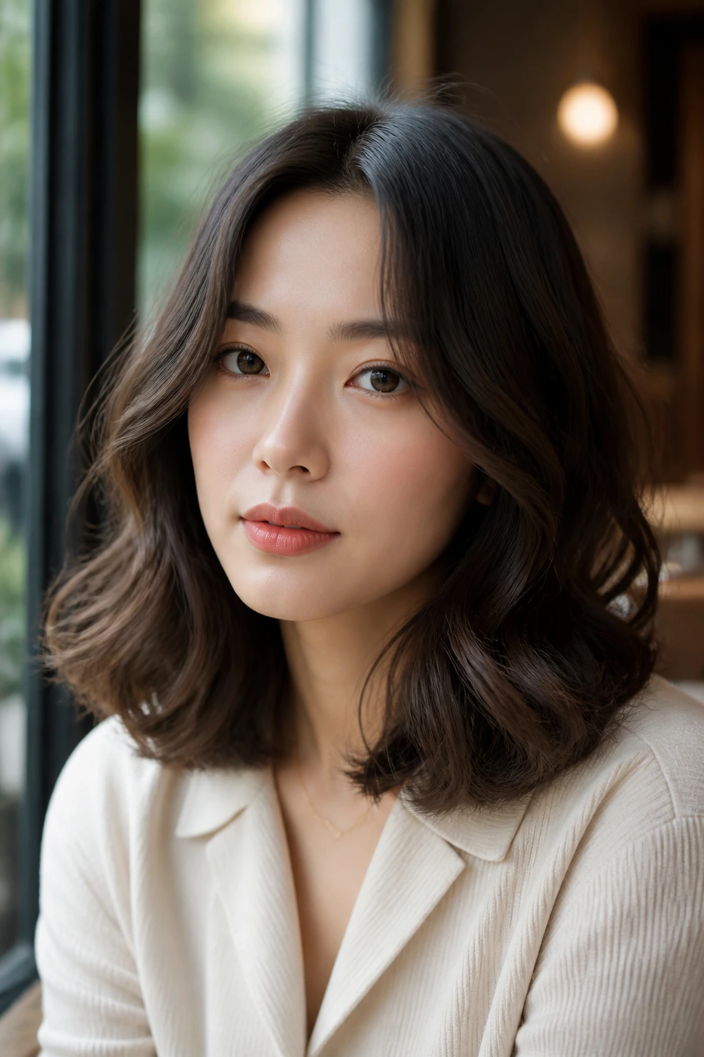 Real person with loose wave lob and middle part