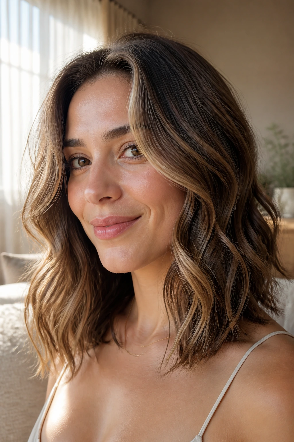Close-up of a real woman with loose wave lob and long ribbons in soft window light