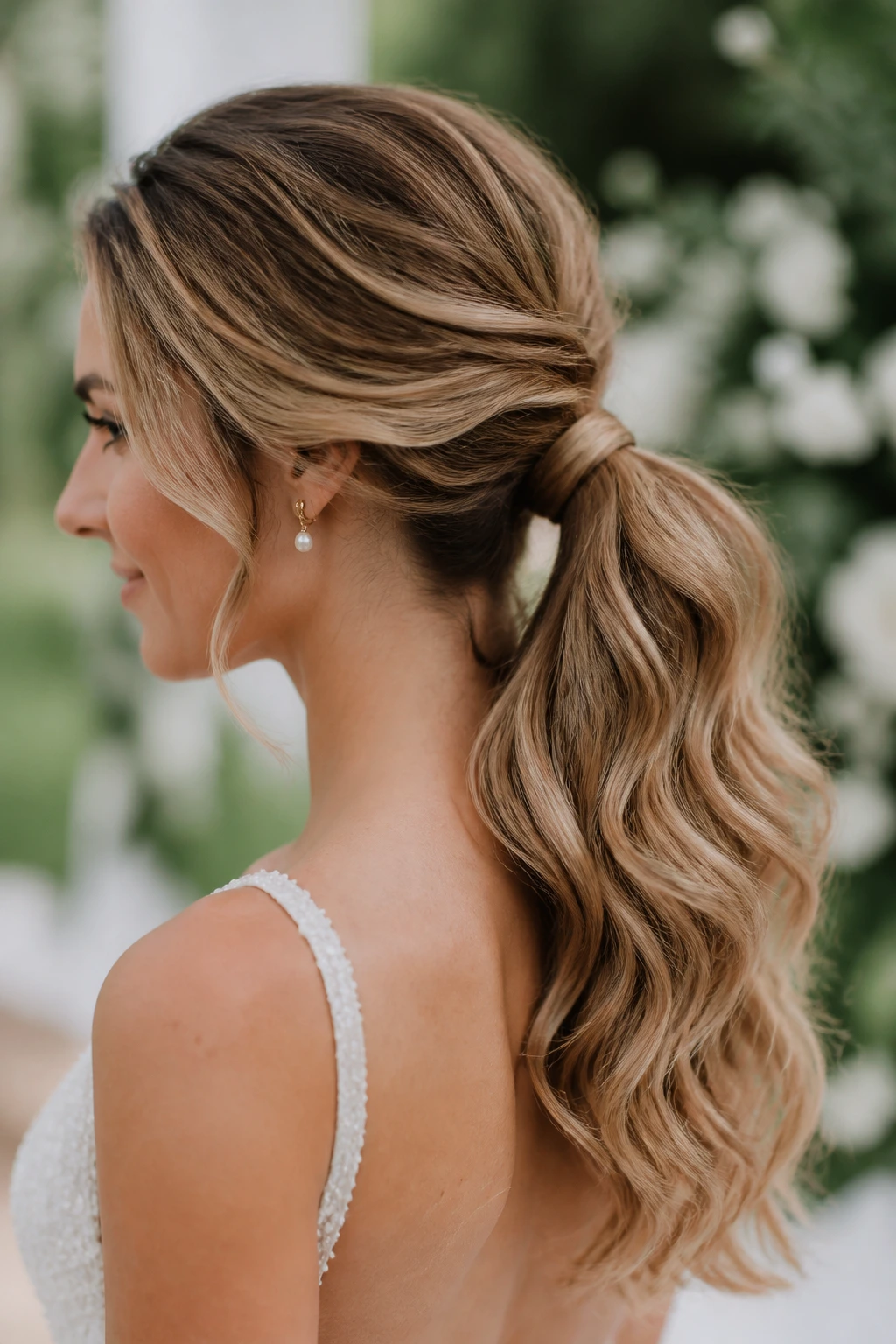 Bride with loose wave ponytail ready for ceremony to reception