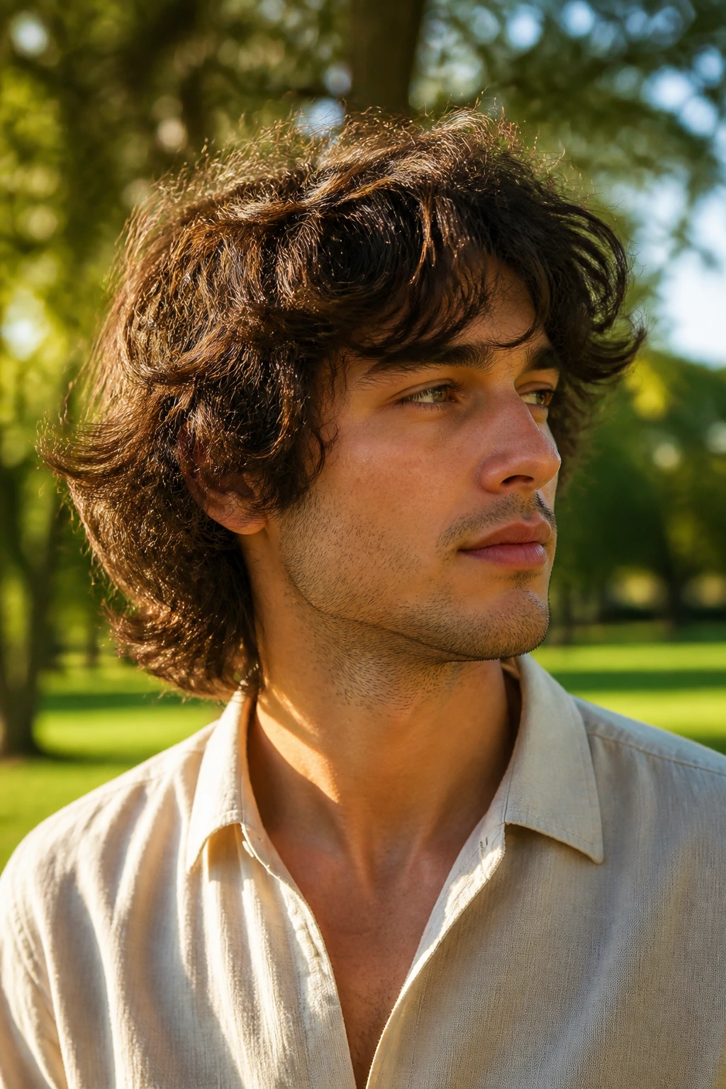 Close-up portrait of a man with loose wave shag hair outdoors.