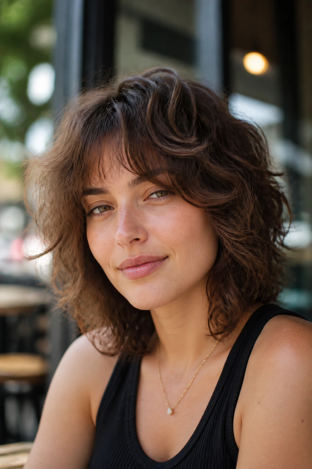 Close-up portrait of a real woman with loose waves in a sunlit setting.