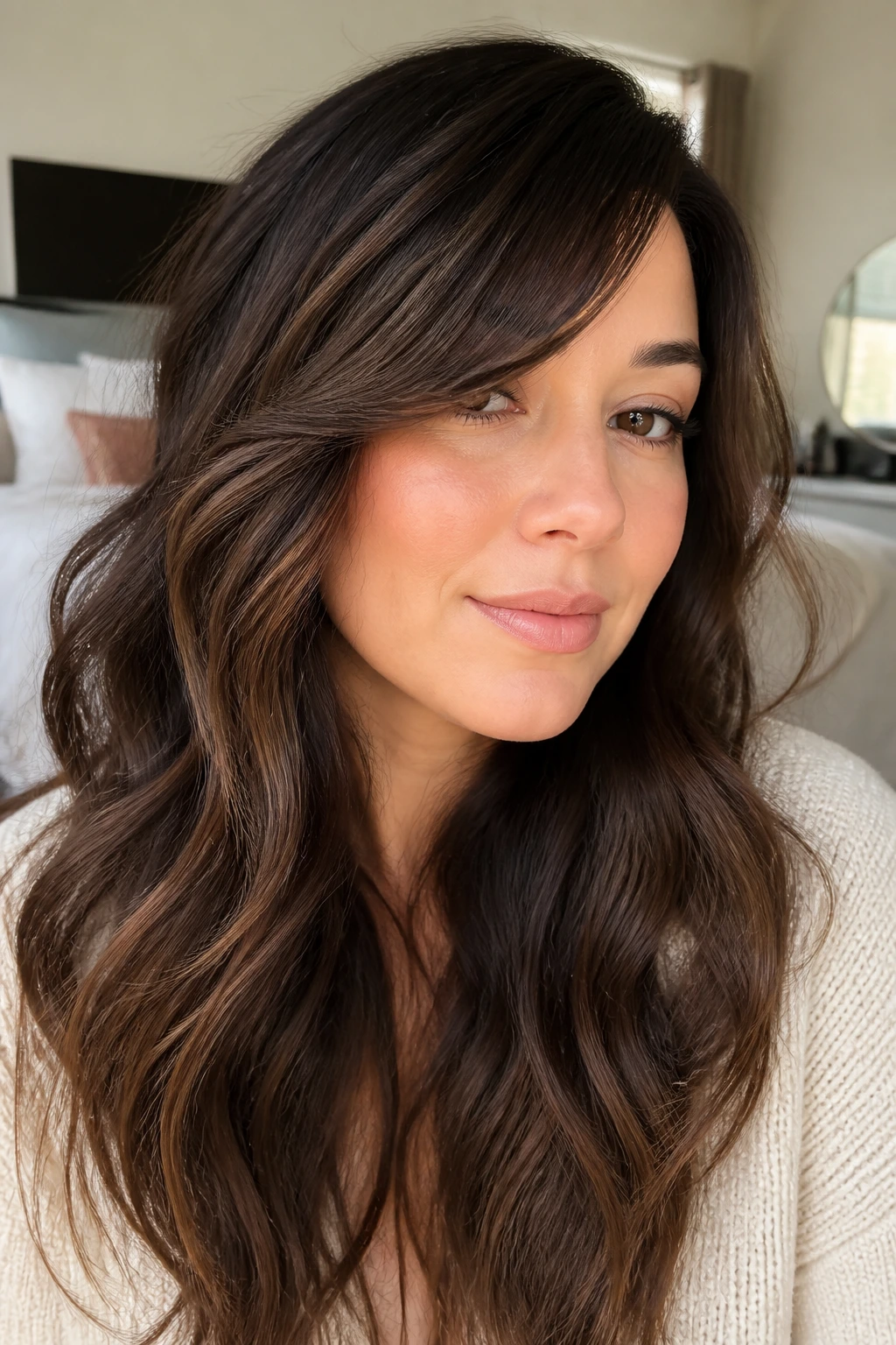 Portrait of a real woman with loose wave side bangs following the bend in soft bedroom light