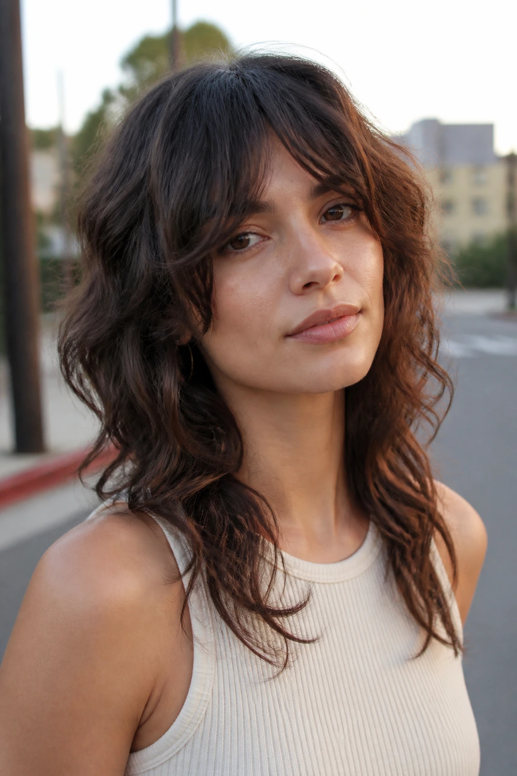 Close-up portrait of a real woman with loose-wave wolf hairstyle