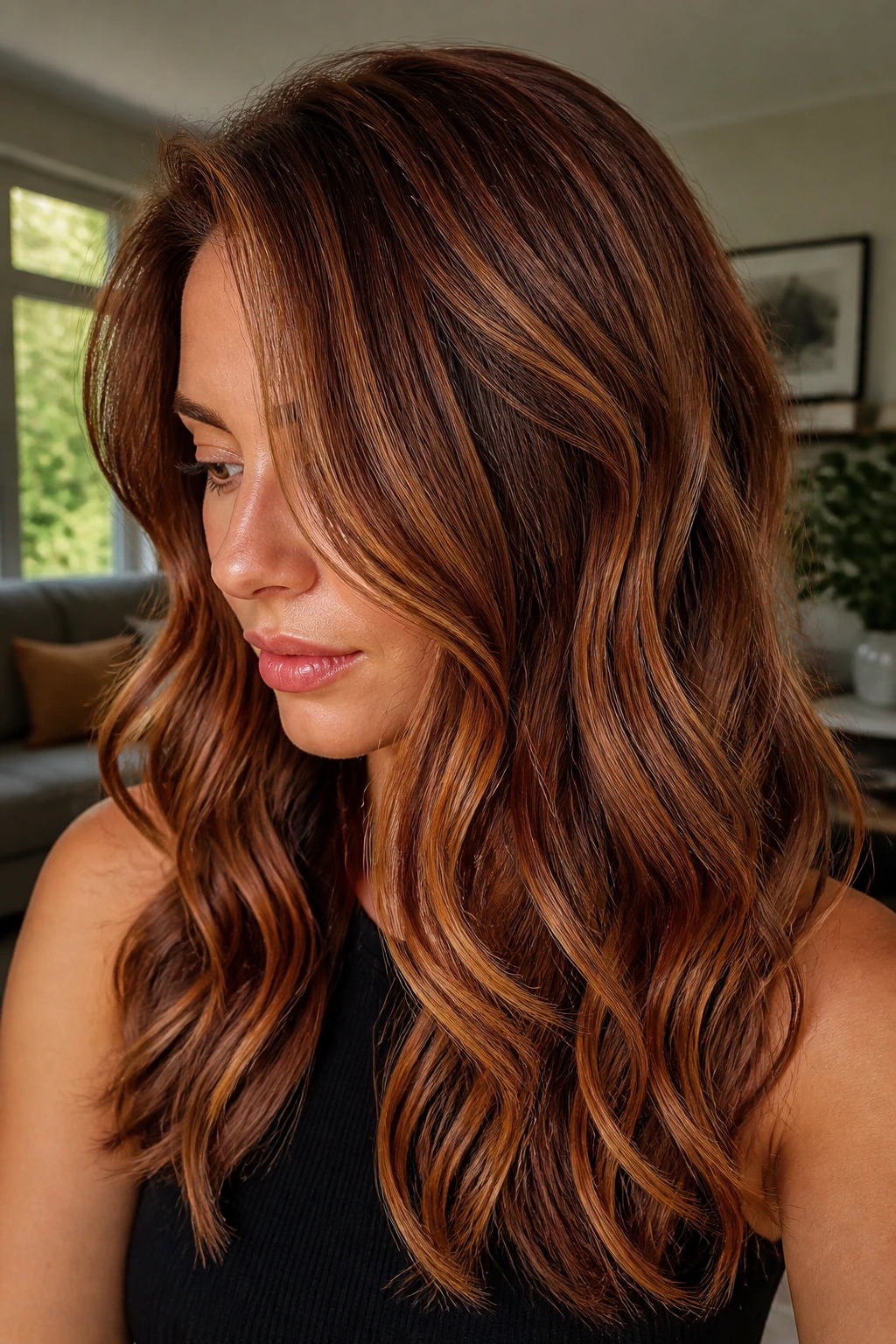 Portrait of a real woman with loose waves showing cinnamon and bronze fall tones