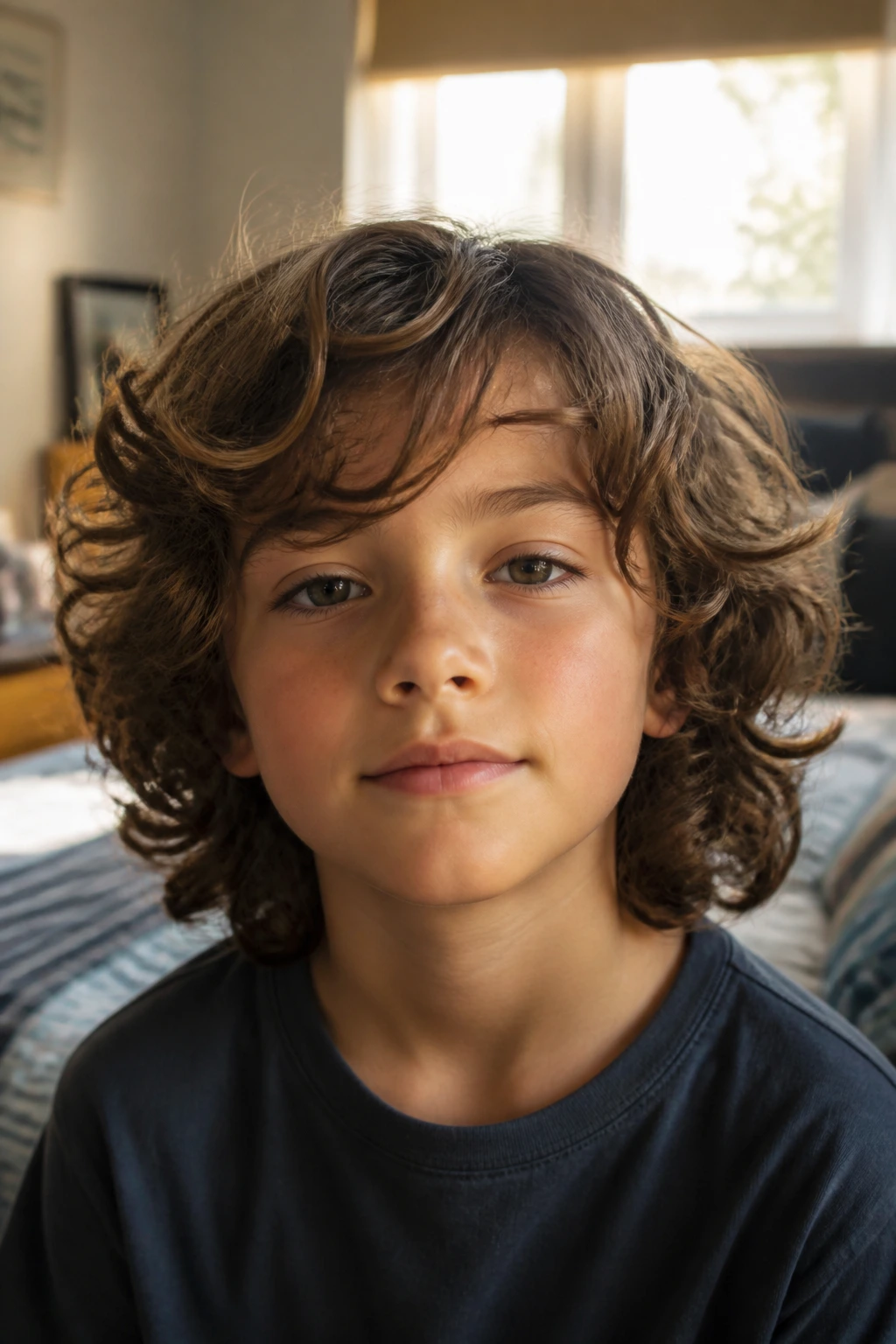 Close-up portrait of a real boy with loose wave curls in a cozy bedroom