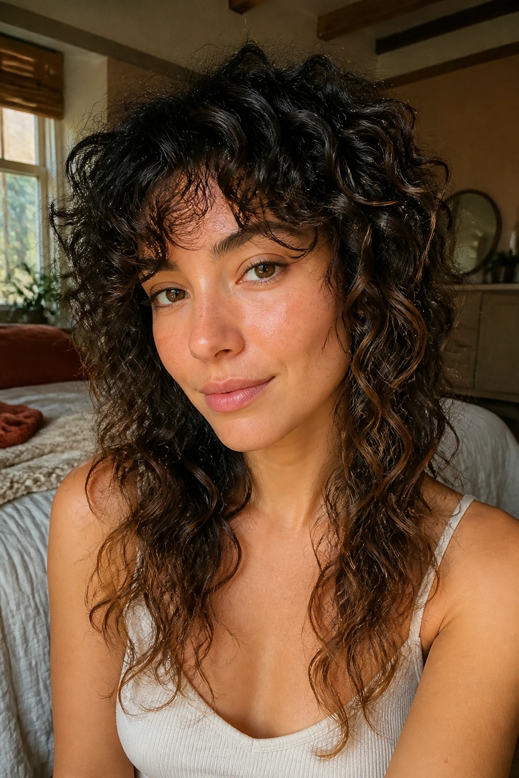 Close-up of a real woman with choppy layered curly hair showing loose waves and dense coils