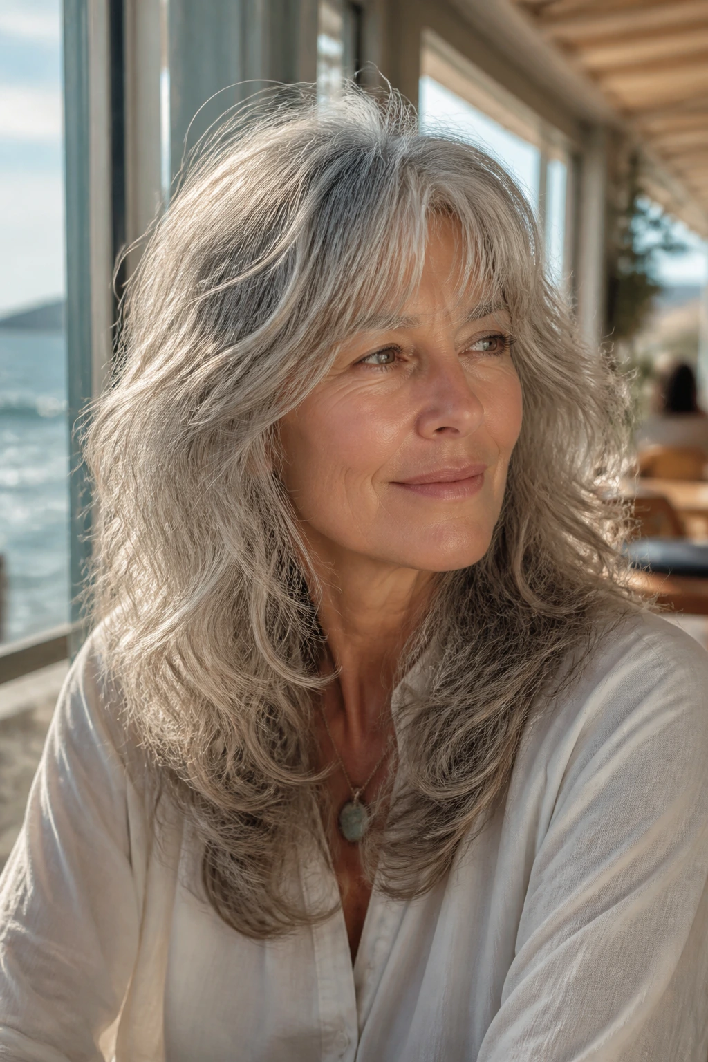 Portrait of a real woman with loose-wave shag and feathered perimeter at a seaside cafe.