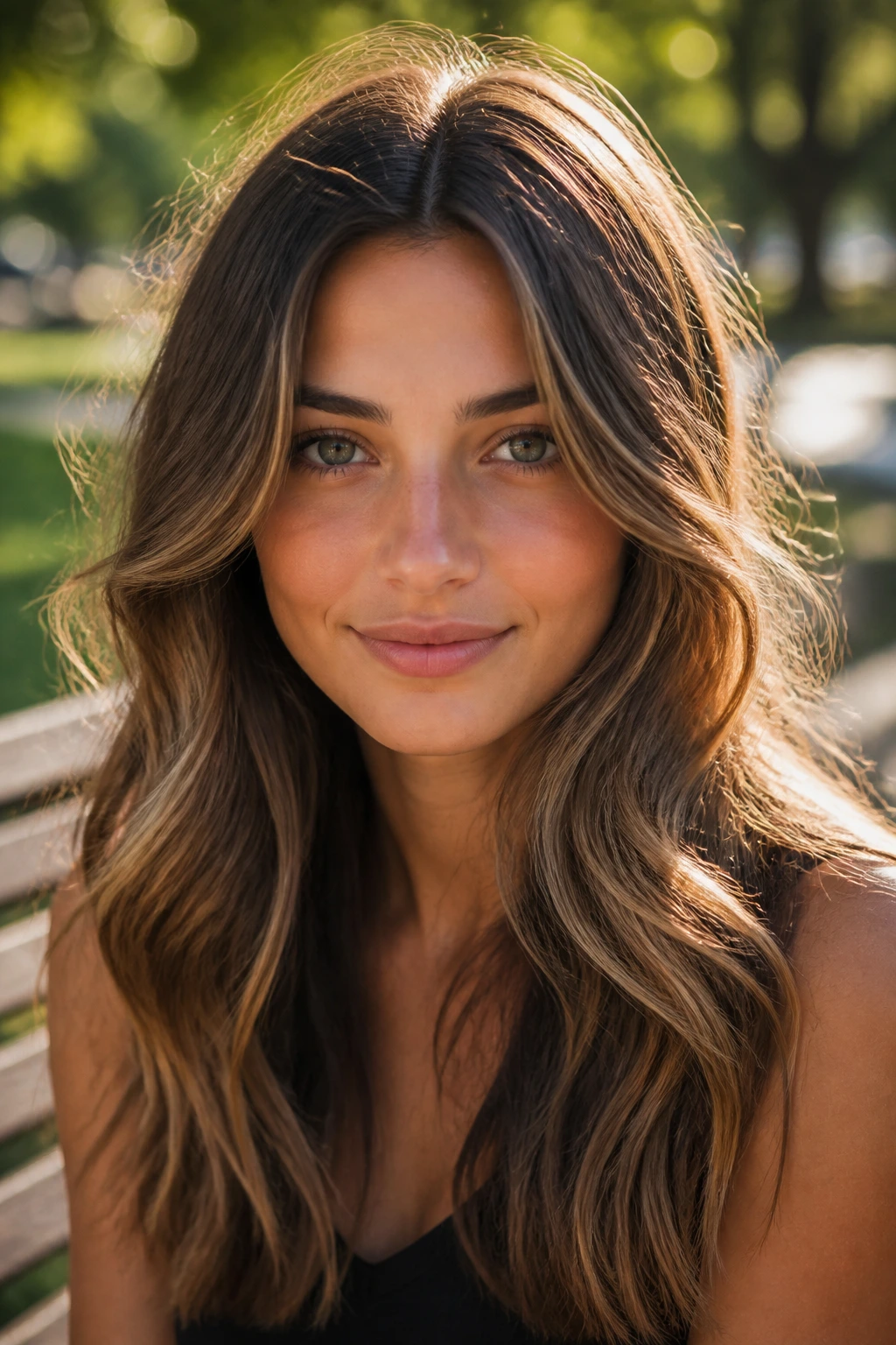 Close-up of a woman with loose waves and a center part in natural light