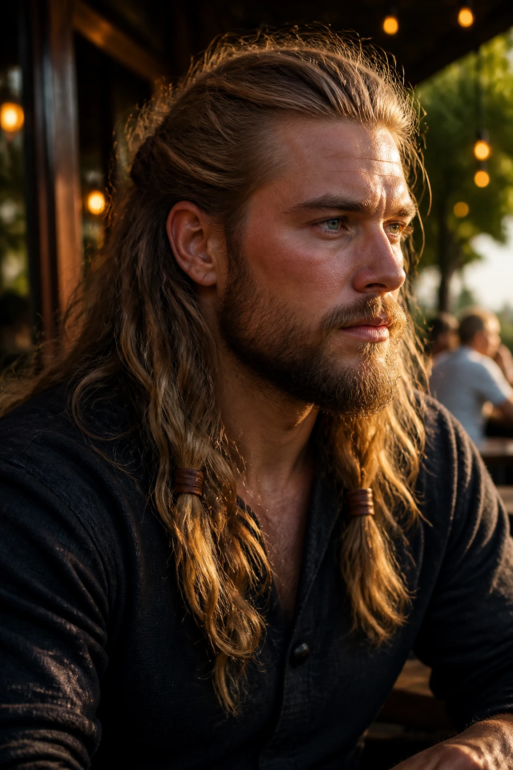 Man with loose waves and leather ties in hair outdoors at golden hour