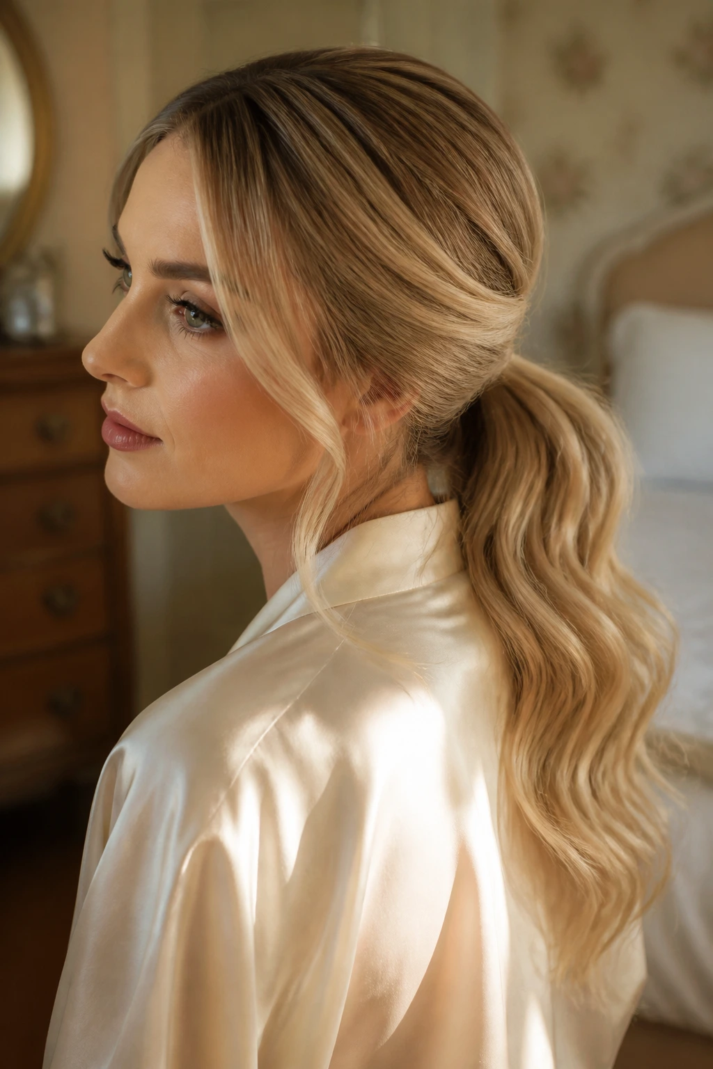 Close-up of a real woman with a loose retro waves pony, side-part and soft brushed waves.