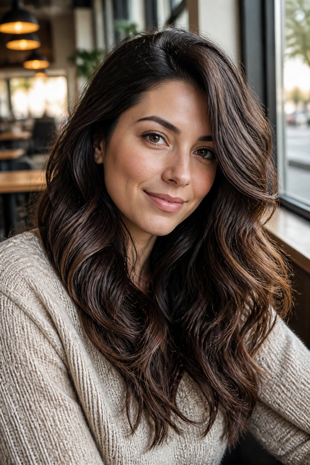 Real person with glossy loose waves and side part in cafe window light