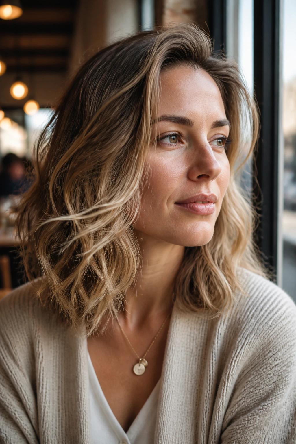 Portrait of a real woman with loose waves and lifted roots under warm cafe lighting.