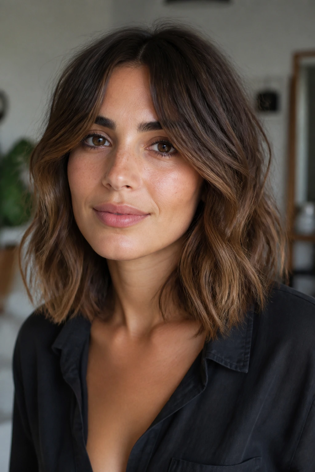 Loose natural waves on shoulder-length hair