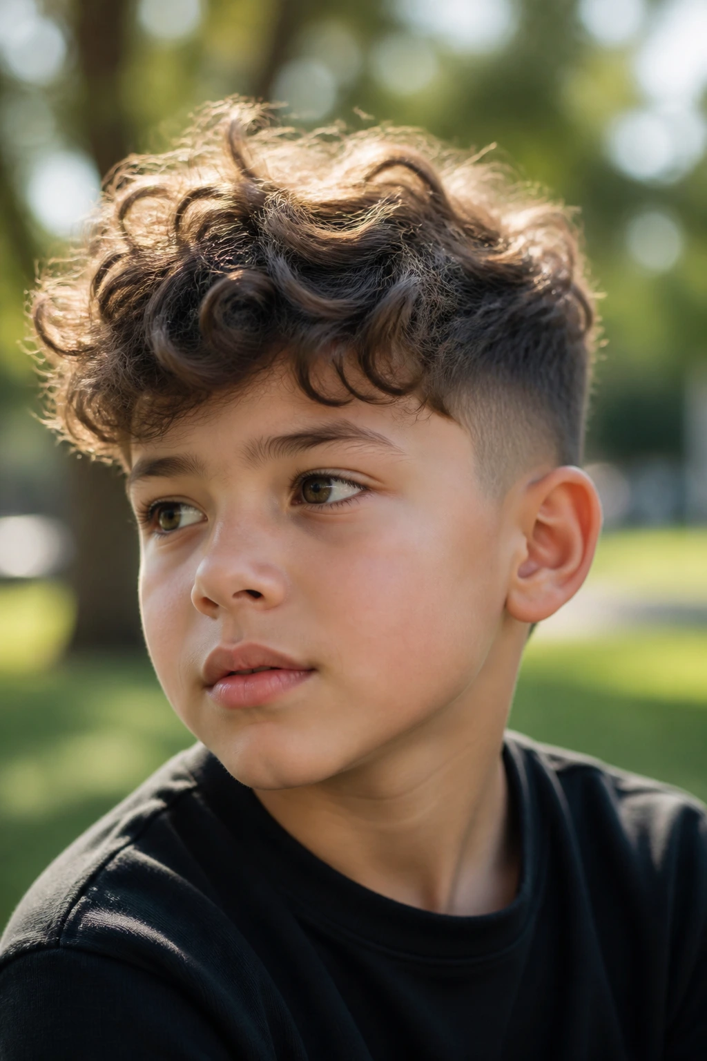 Real child with loose waves and soft fade in natural outdoor light.