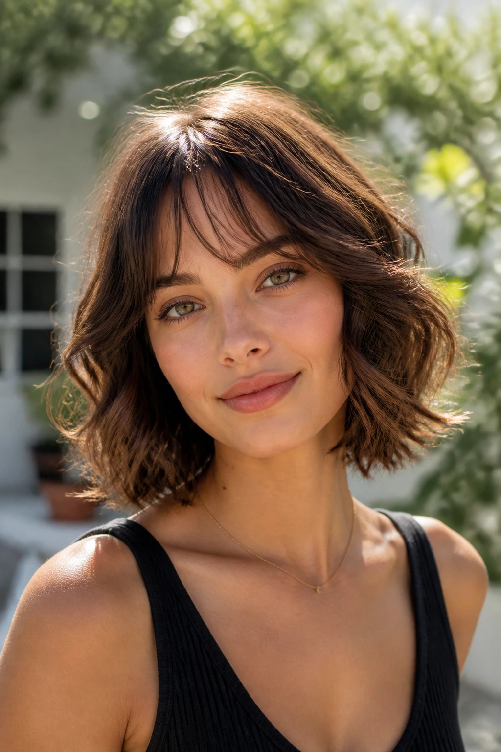 Real person with Loose Waves and Wispy Bangs in natural outdoor light