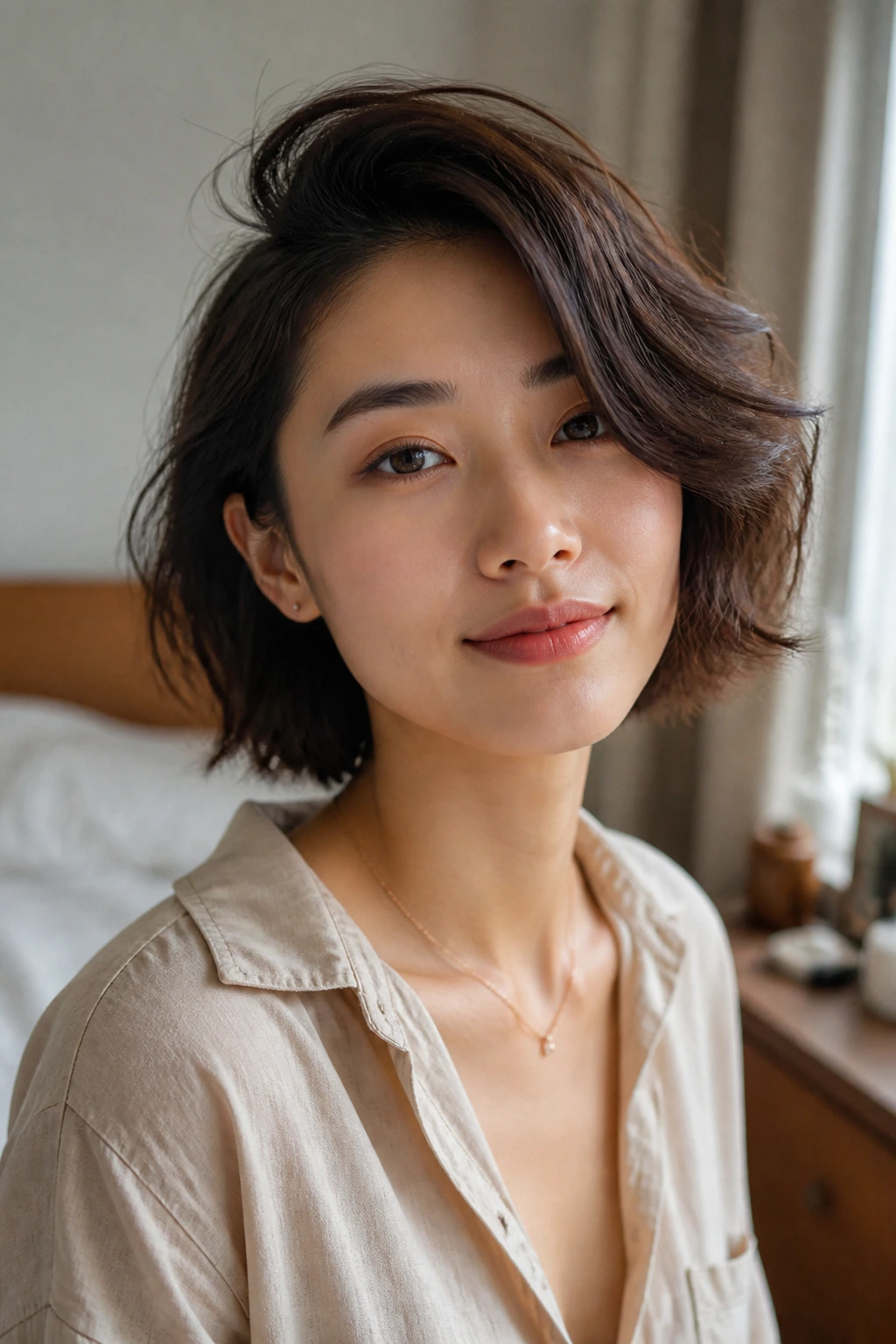 Close-up of a real Asian woman with a loose wavy side sweep in natural window light