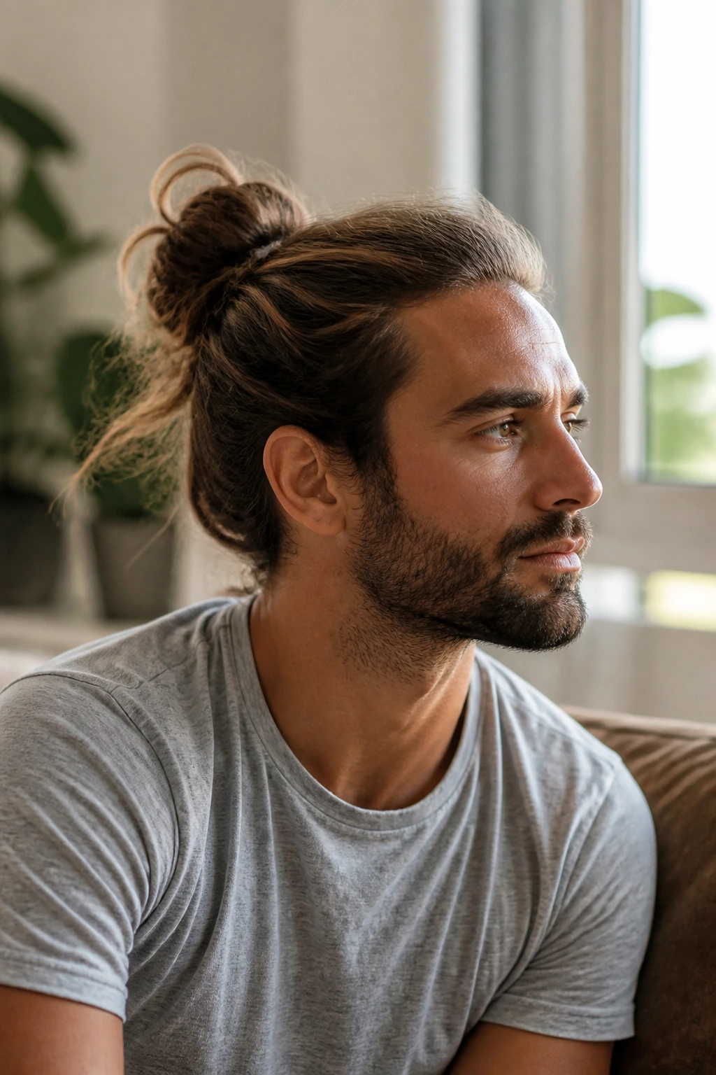 Man with loose weekend bun in casual setting
