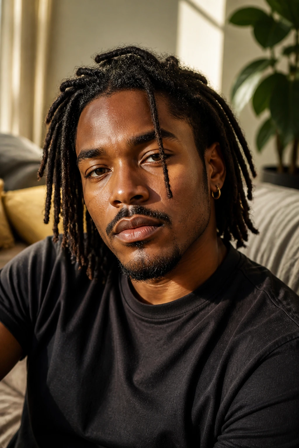 Close-up of a man with loose weekend locs and loose strands