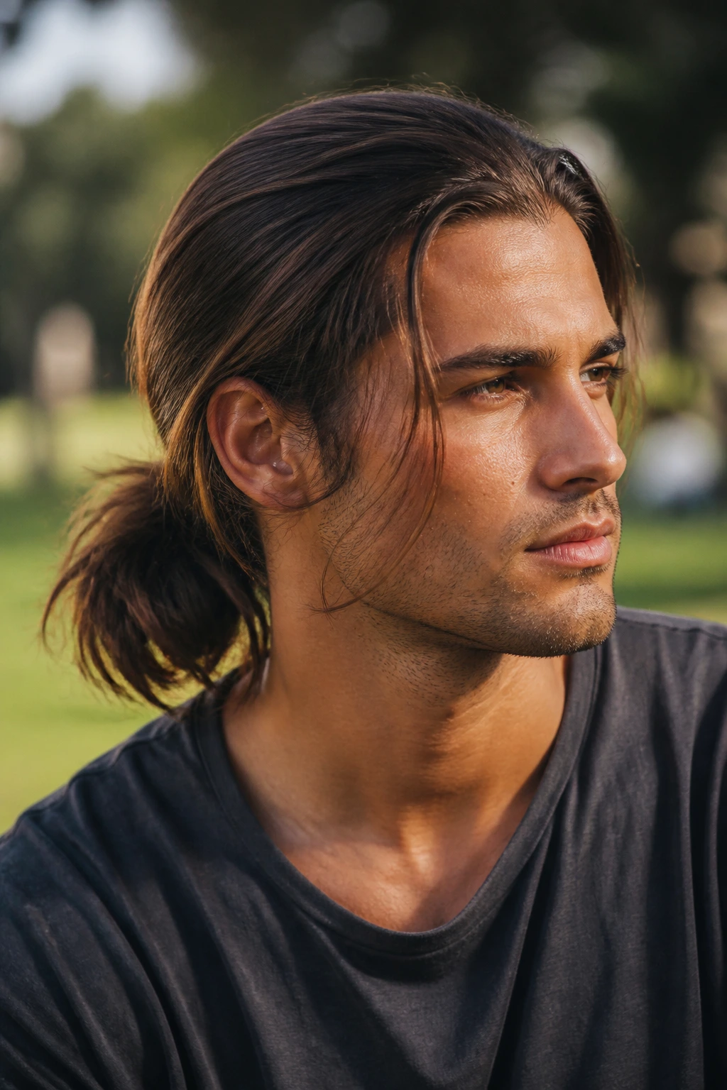 Close-up of a real man with a relaxed, loose ponytail and face-framing strands