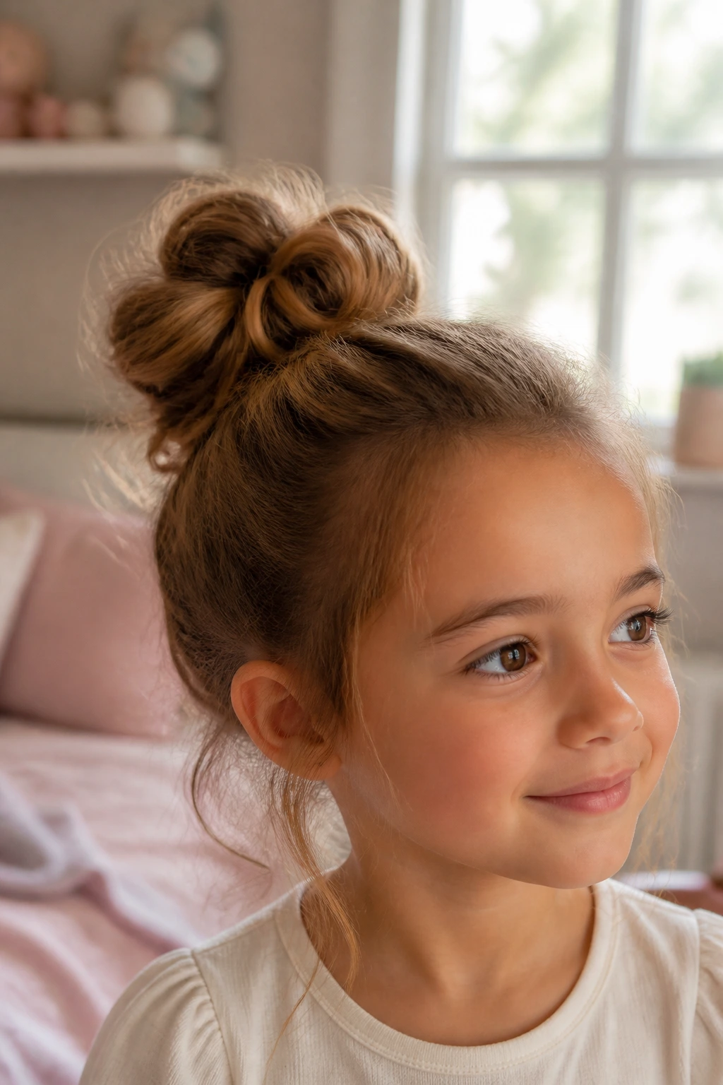 Close-up of a girl with a loose loop bun in a cozy room