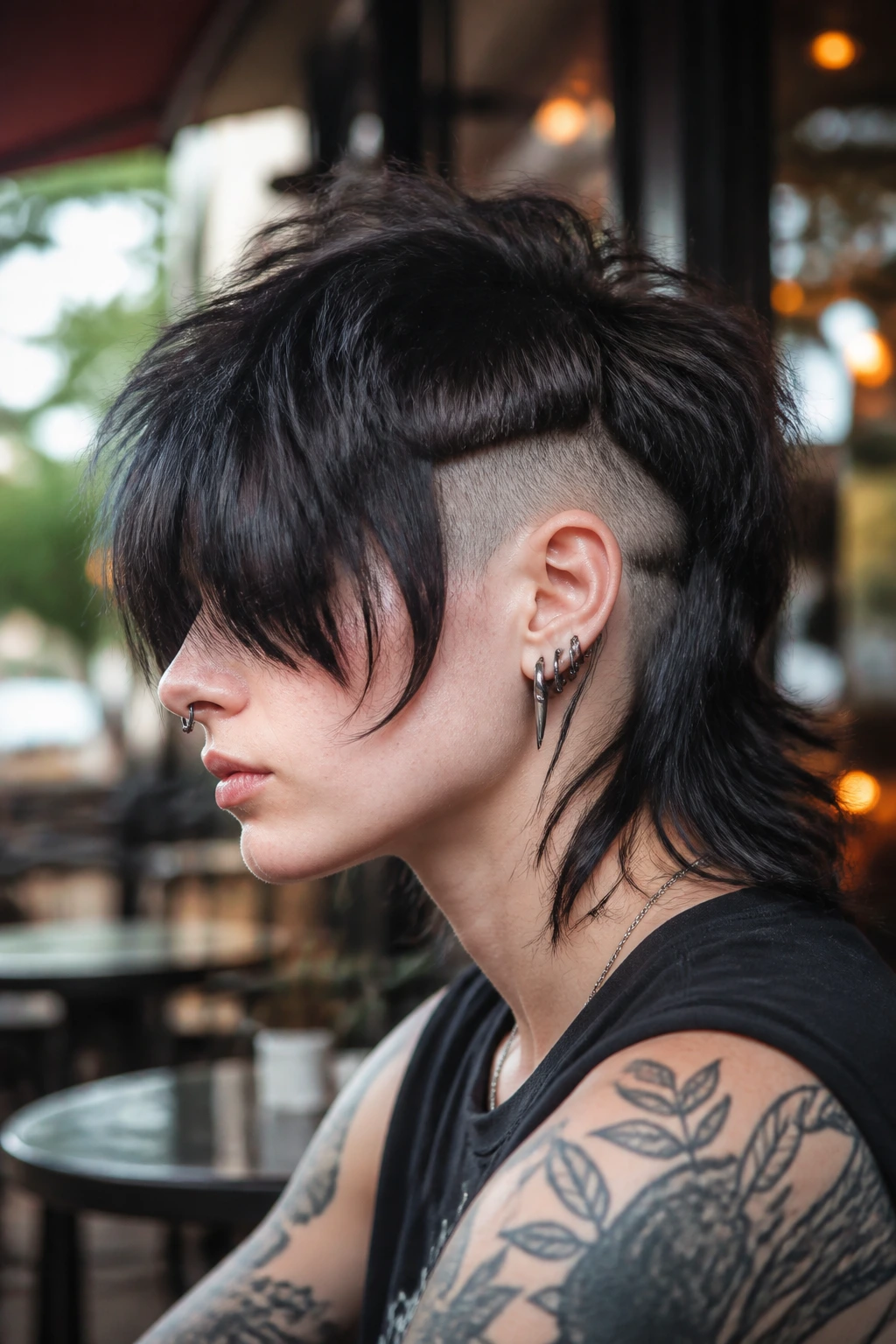 Portrait of a real person with loud fringe punk shag and double undercut