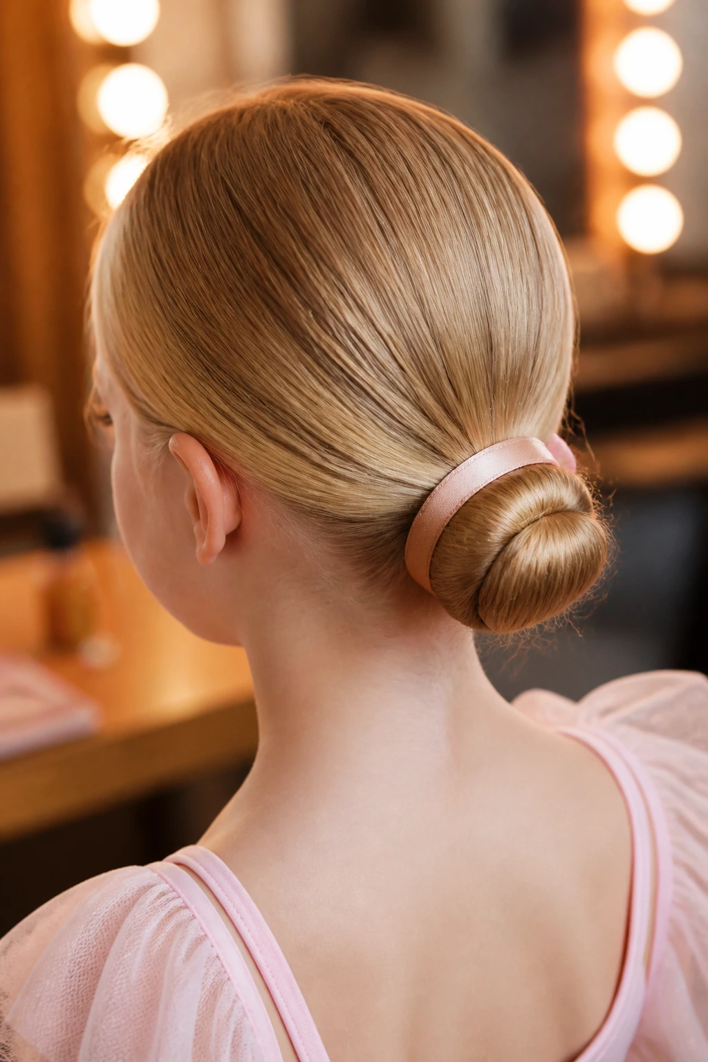 Blonde child with low ballet bun and ribbon wrap at nape