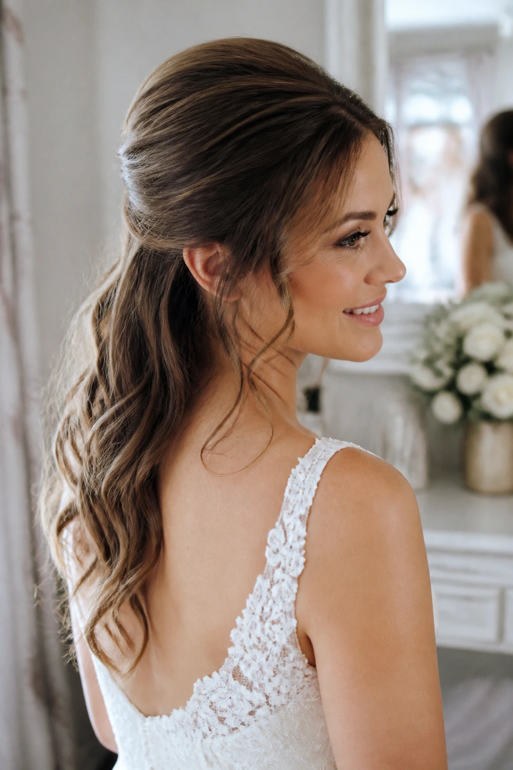 Close-up of real bride with low bouffant half-up hairstyle