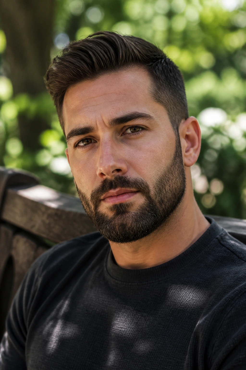 Close-up portrait of a man with low boxed beard on an oval face in a sunlit park