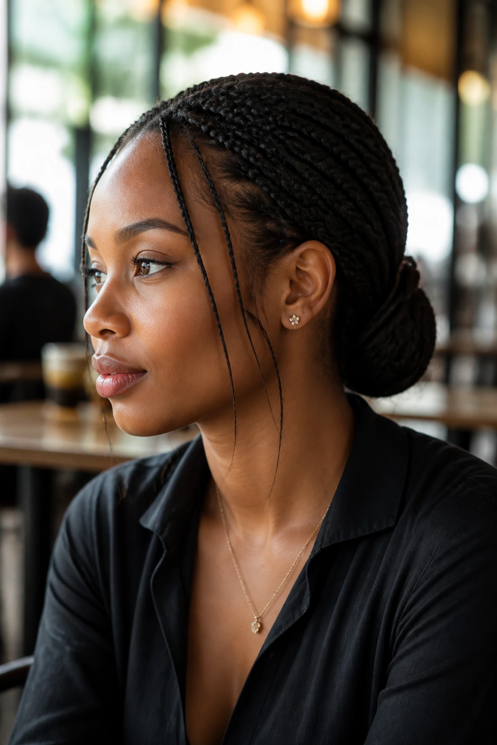 Close-up of a low braided bun on a real person in a cafe setting.
