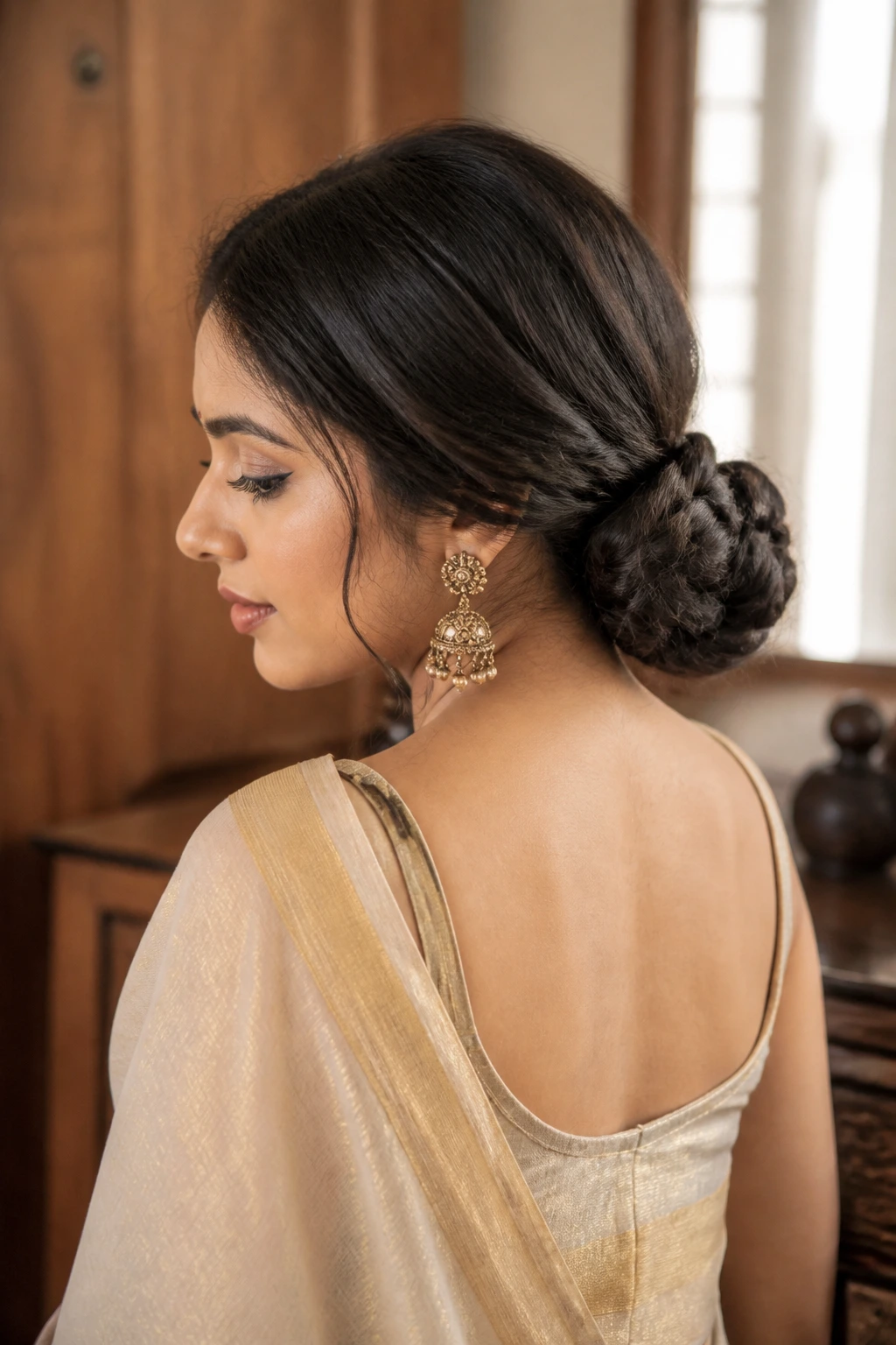 Close-up of a woman with a low braided bun at the nape