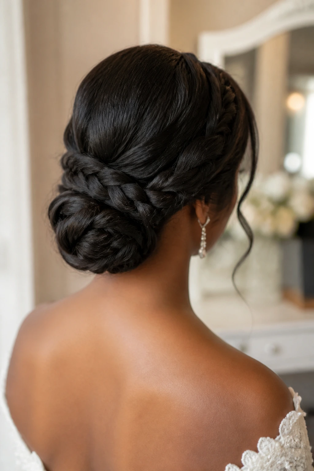 Rear view of a real bride with a low braided bun