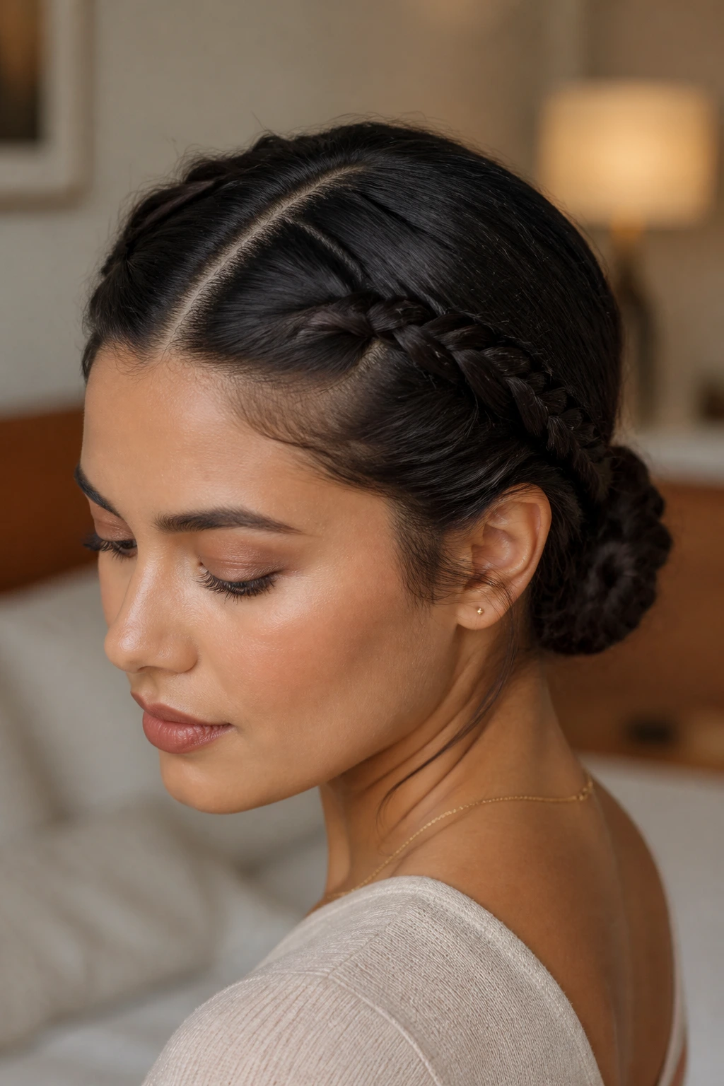 Close-up of a real woman with a low braided bun and center part