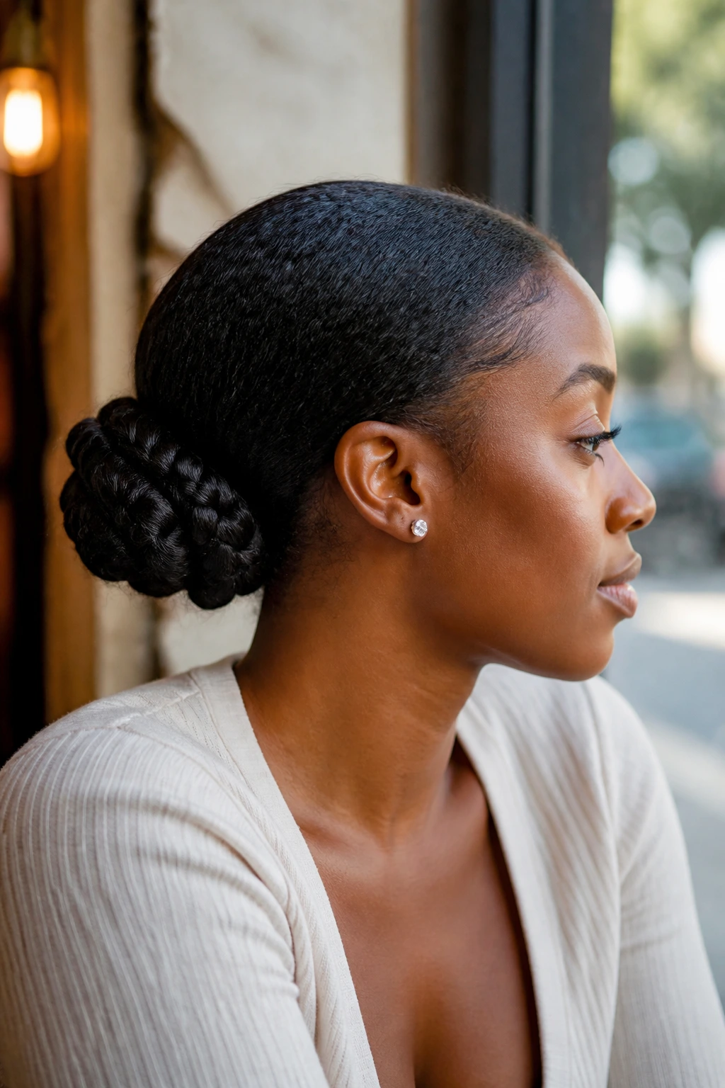 Real person with a low braided bun at the nape